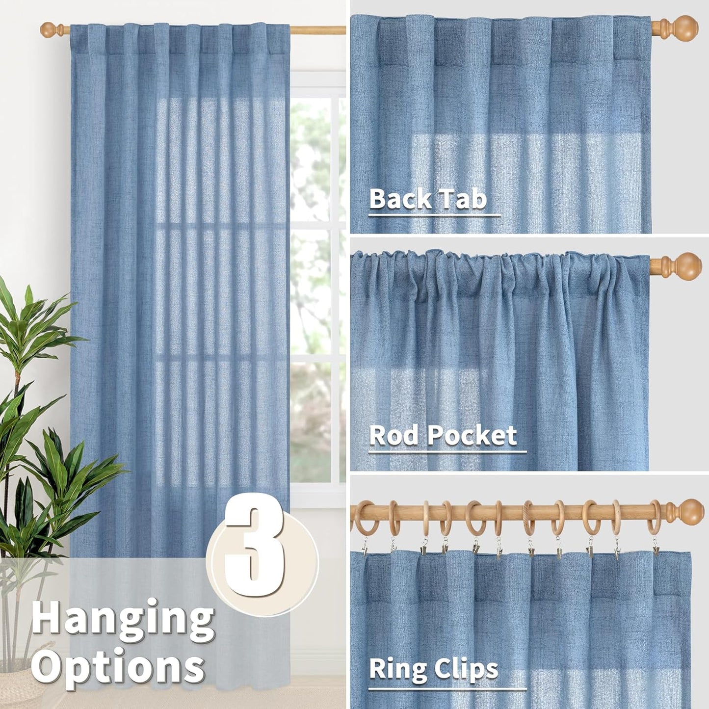 YoungsTex Denim Blue Linen Semi Sheer Curtains 84 Inches Long for Living Room 2 Panels, Light Filtering Drapes with Rod Pocket Back Tab Privacy for Bedroom Dining Room Office, 52 x 84 Inch