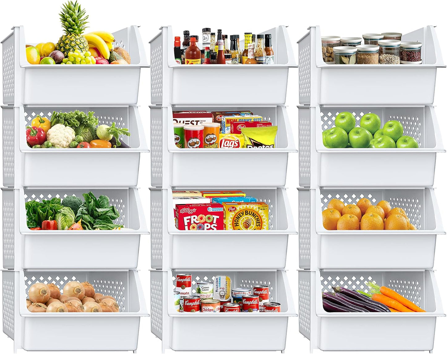 TidyFriend Plastic Stackable Storage Bins for Pantry - 12 Pack Stackable Bins for Organizing Food, Kitchen, and Bathroom Essentials (White)