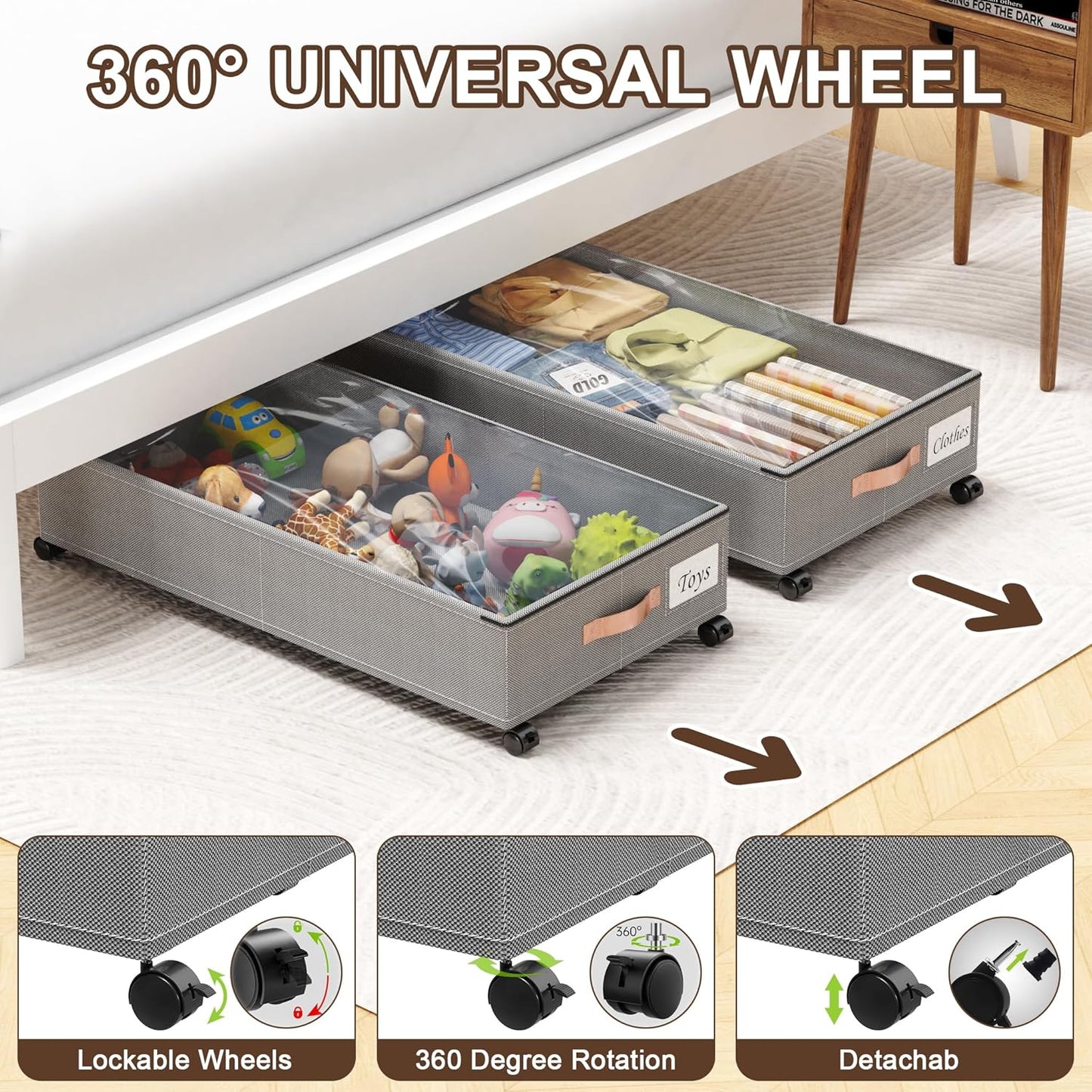 Under Bed Storage with Wheels, 2-Pack Under Bed Storage Containers with Clear Lids, XXL 65L Under the bed storage Organizer Bins, Rolling Under Bed Metal Drawer for Clothes,Shoes,Toys (Gray, 2-Pack)