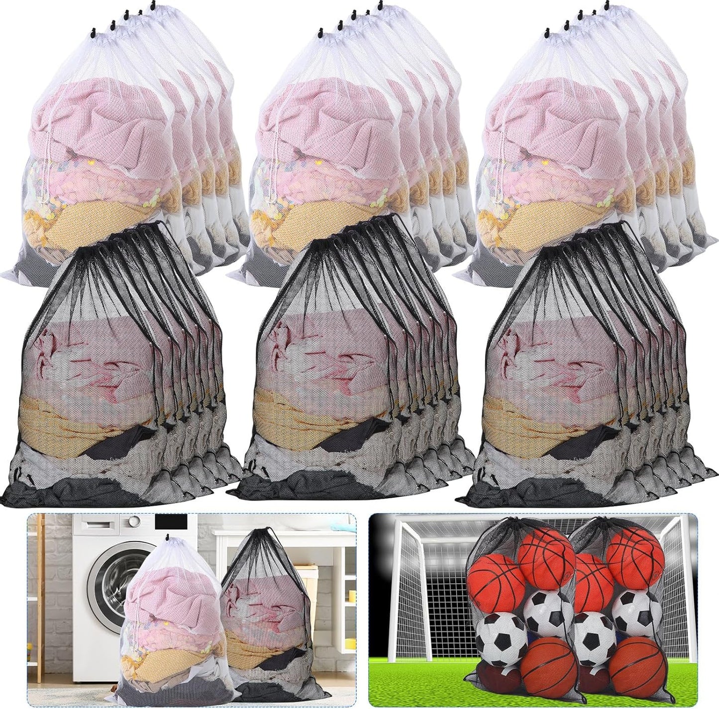 Berlune 30 Pack 24 x 36 Inches Large Mesh Bags for Laundry, Wash bags, Sturdy Mesh Material Closed with Drawstring, Factory, University, Dormitory, Travel and Apartment Dweller (Black, White)