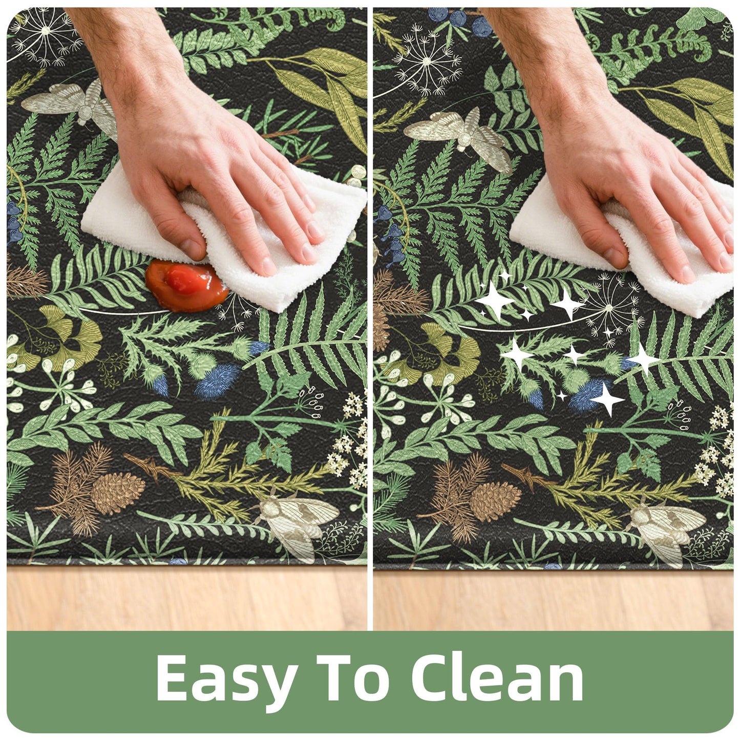 2 PCS Botanical Kitchen Rugs Set, Black Green, 17.3"x28" + 17.3"x47"