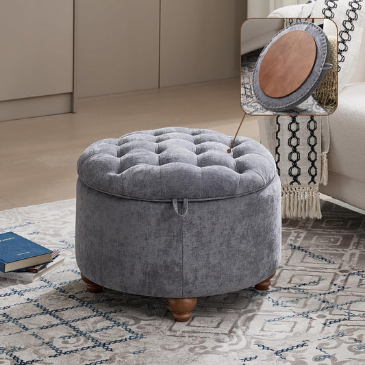 24Inch Round Storage Ottoman with Tray, Modern Tufted Circle Coffee Table with Storage, Upholstered