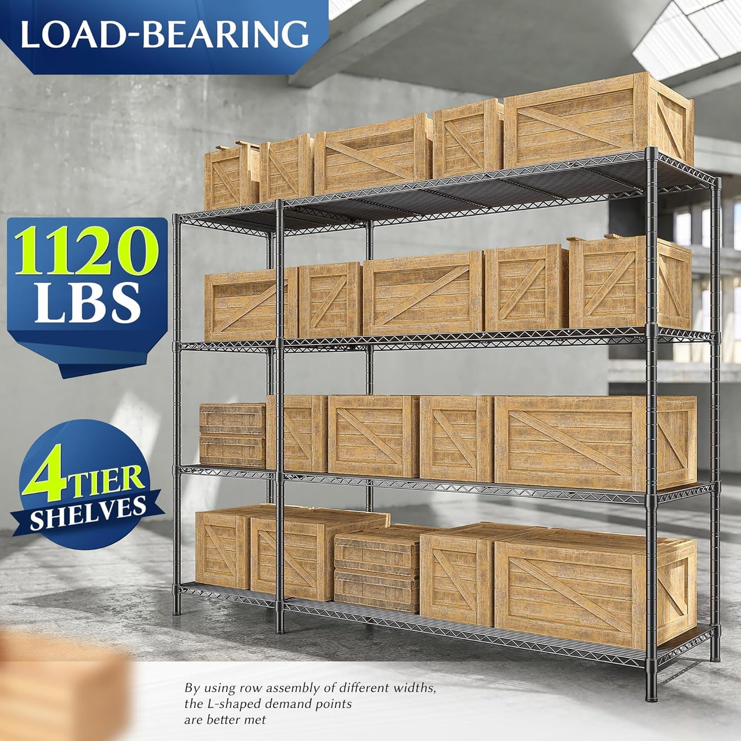 52.36''W Storage Shelves Metal Shelving Unit Load 1120LBS 4 Tier Wire Shelving for Storage Rack Adjustable Garage Shelving Heavy Duty for Pantry Kitchen Garage,52.36Wx13.78Dx59H