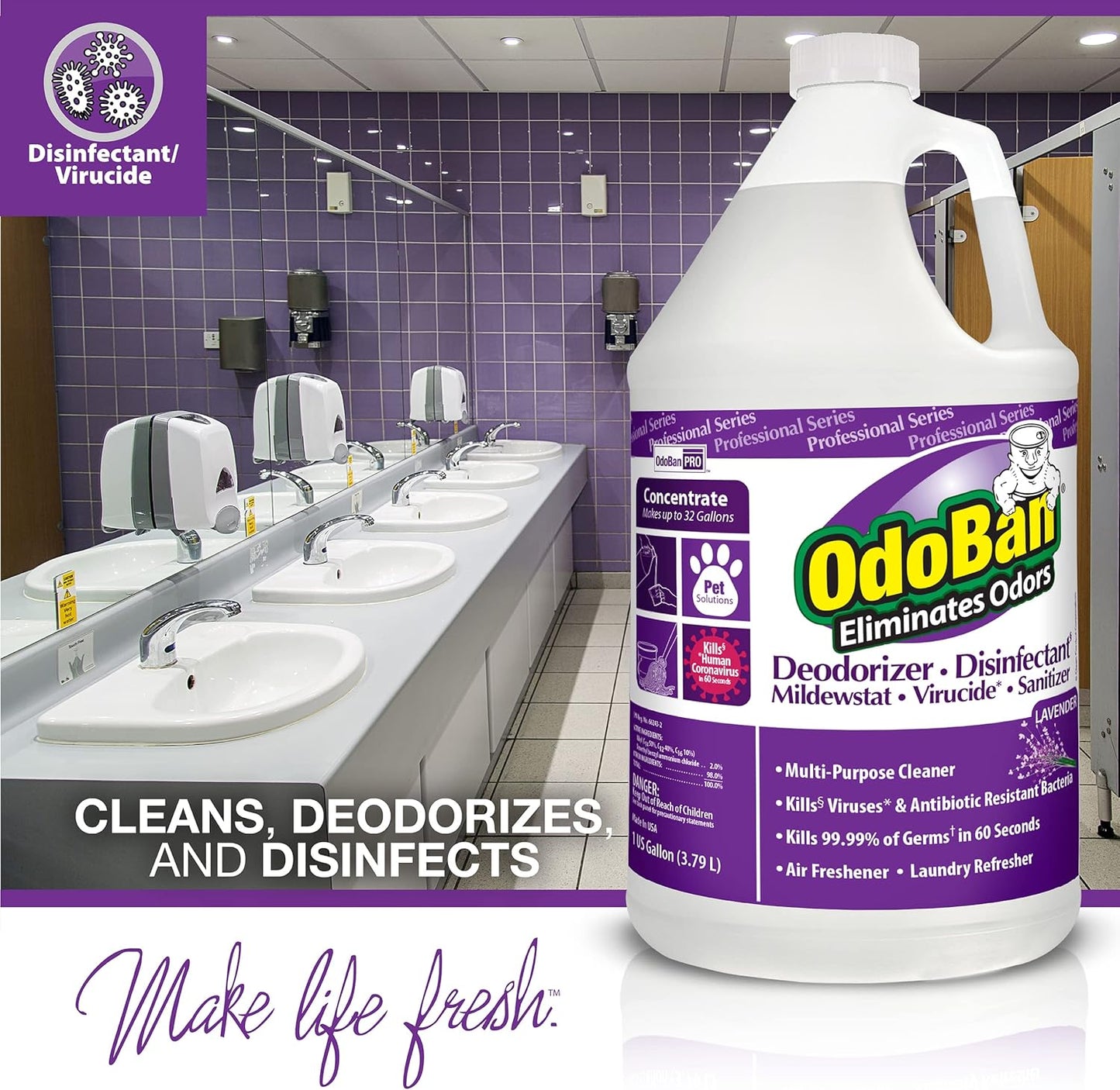 OdoBan Professional Disinfectant and Odor Eliminator Concentrate, 3-Pack, 1 Gallon Each, Lavender Scent