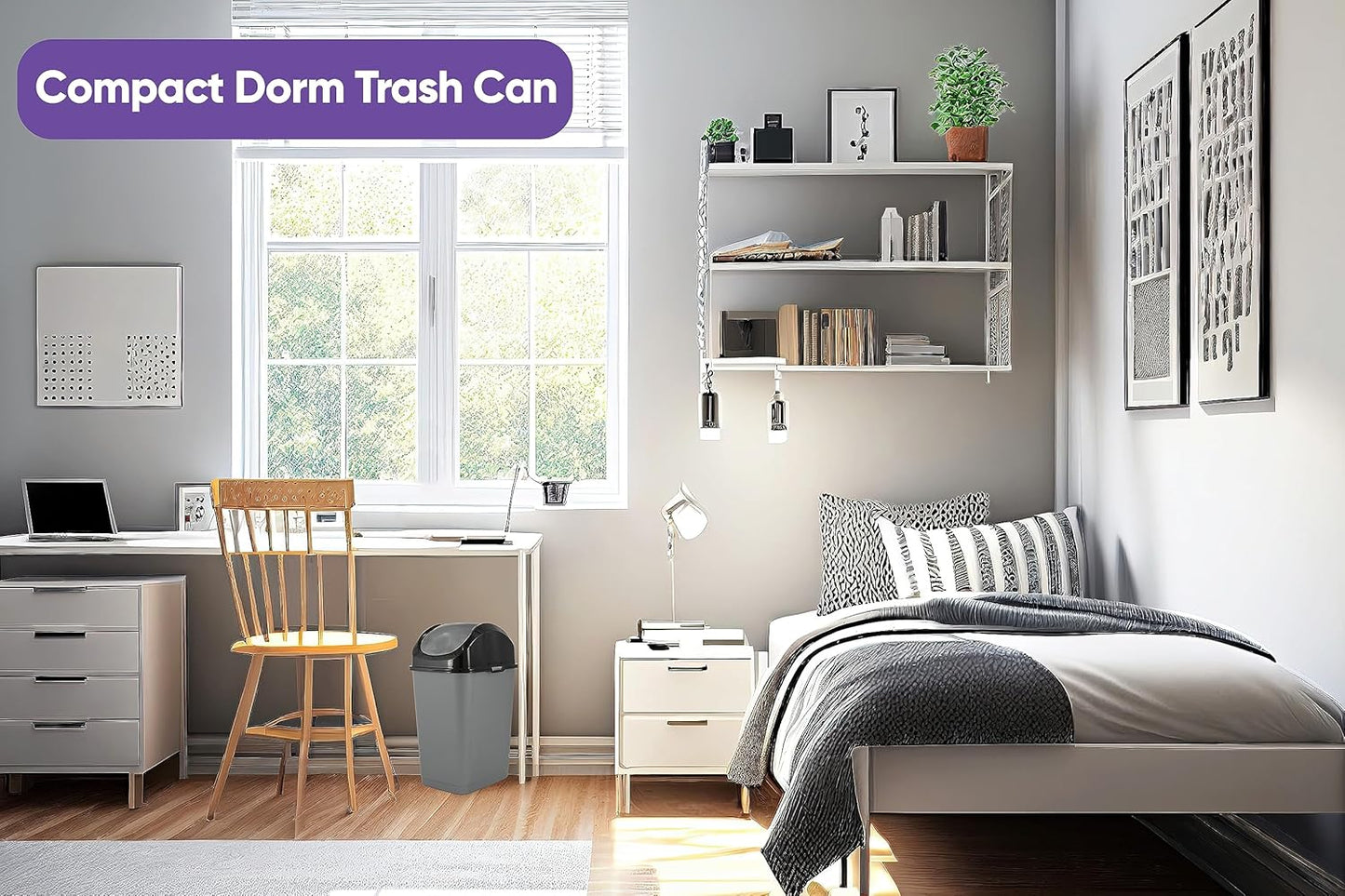 Superio Small Trash Can for Dorm with Lid 4.5 Gallon Plastic Swing Top Slim Garbage Can for Under Sink/Cabinet, Laundry, Kitchen, Office, Bedroom, Bathroom, College, 18 Qt Gray/Black, 2