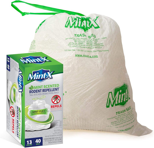 Mint-X MintFlex Rodent Repellent Trash Bags, Tall Kitchen Drawstring Bags, 1 FT 11 ¾ Inches X 2 FT 1 Inch, 0.90 MIL, 13 Gallon, 40 Count