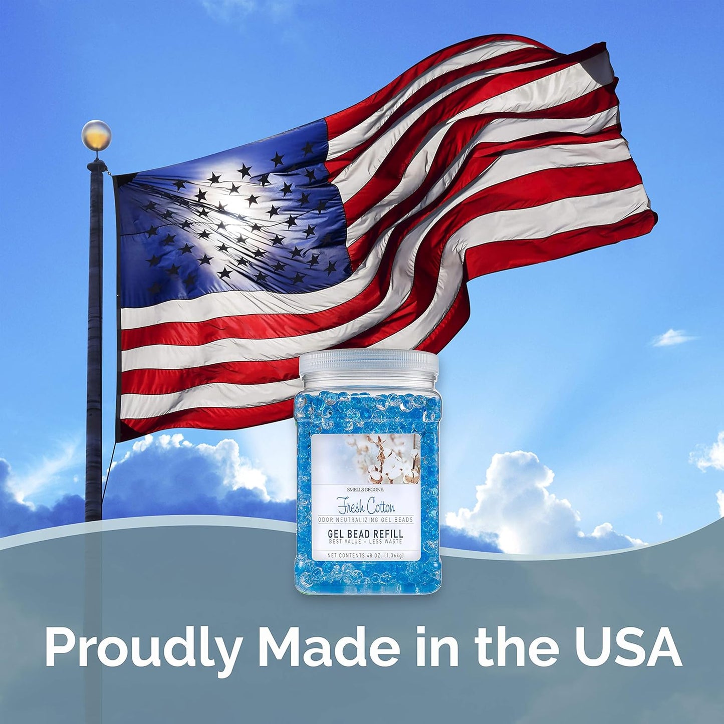 SMELLS BEGONE 48 oz Odor Eliminator Gel Bead Refill - Eliminates Odors from Bathrooms, Cars, Boats, RVs & Pet Areas - Made with Essential Oils - Fresh Cotton Scent