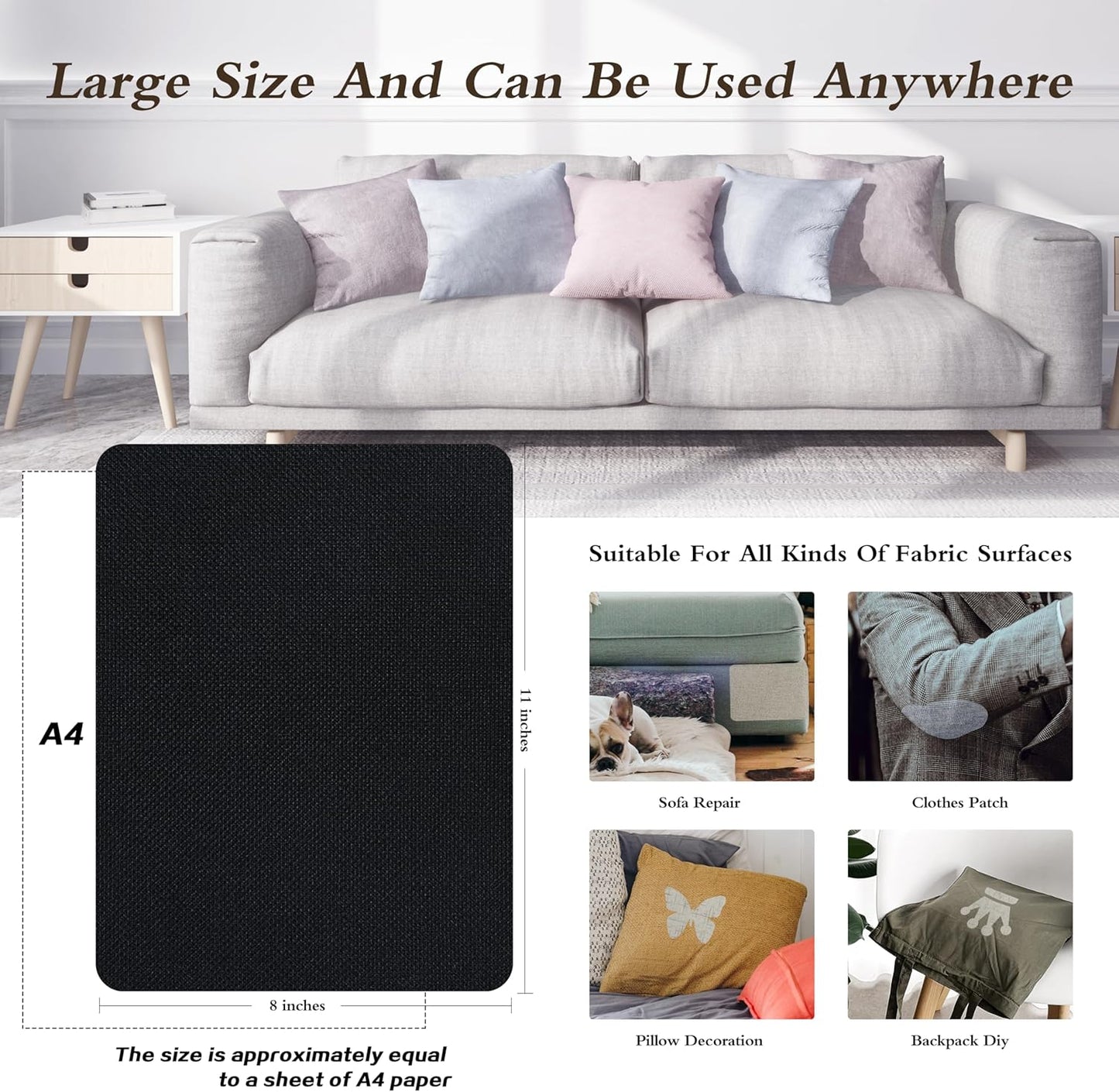 Coarse Linen Repair Patches, Self-Adhesive Linen Fabric Patches, 8X11 inch 2 PCS, Multi Color, Can be Used for Linen Sofa Repair and Linen Clothes Repair(8" x 11"-2PCS,Black 1.0)