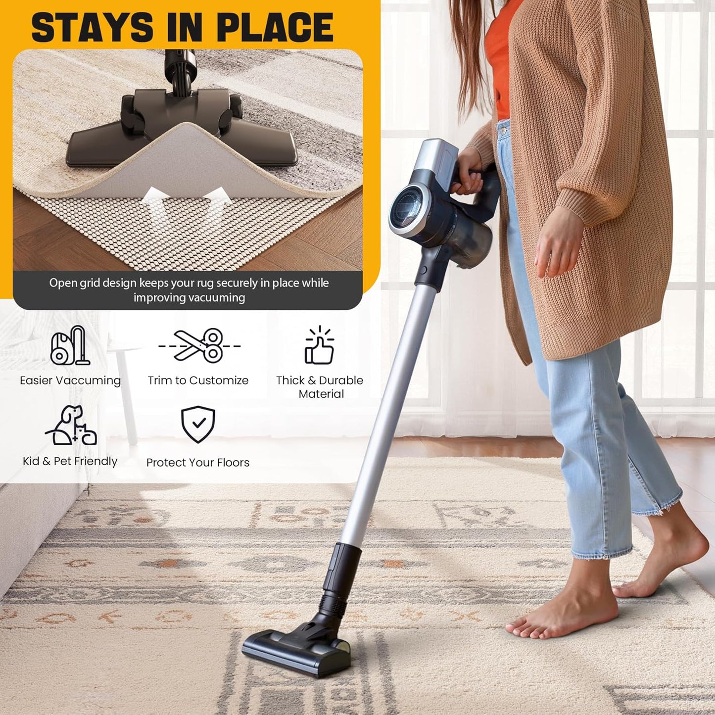 Non-Slip Rug Pad Gripper 4x6 Feet, Anti Skid Mat for Under Area Rugs, Keeps Rugs in Position and Safe, Thick Cushioned Carpet Pad for Hardwood Floors Protection