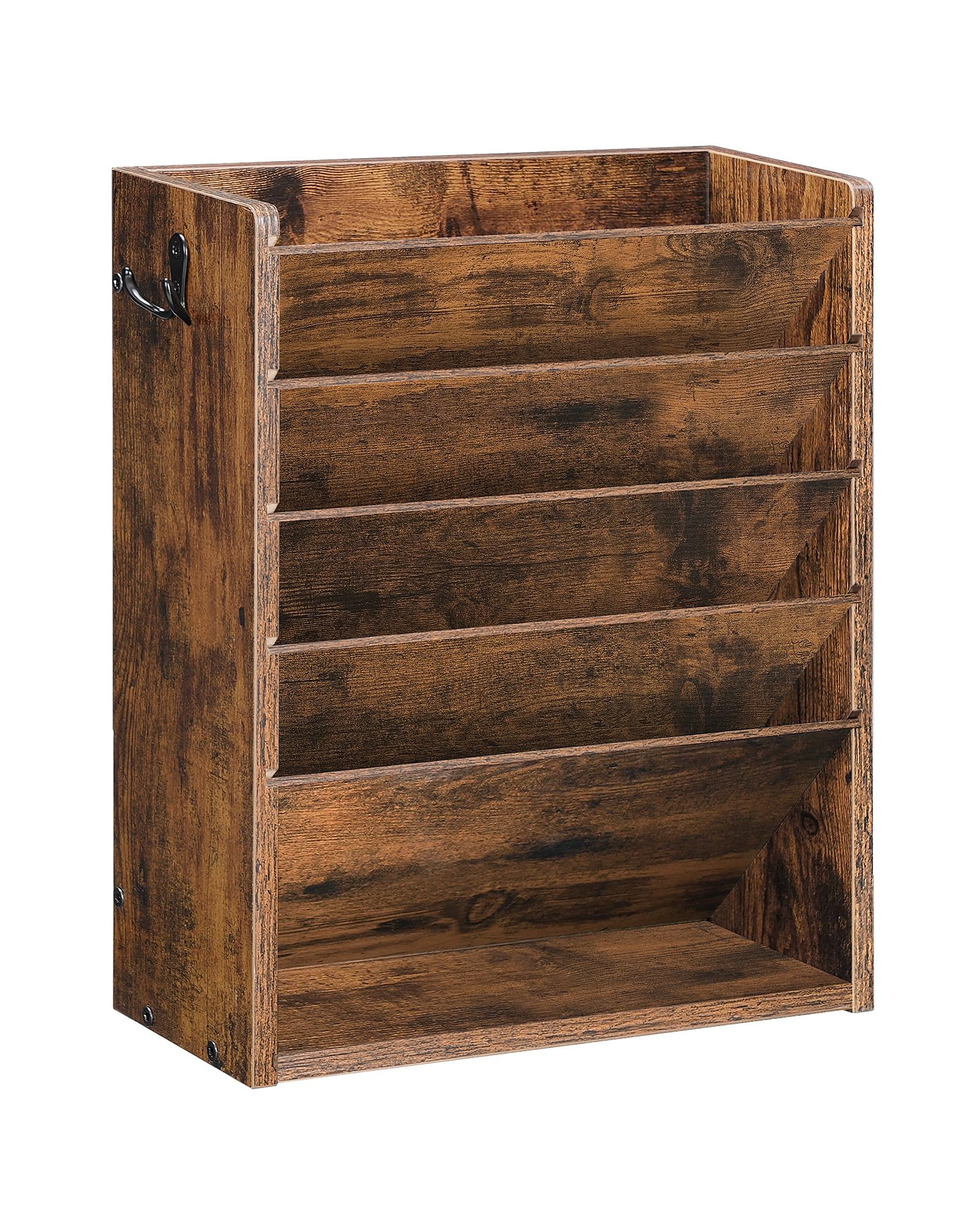 CHOEZON Wall File Organizer, 6-Tier Vertical Mount Hanging Holder with 2 Side Hooks, Vintage Wooden