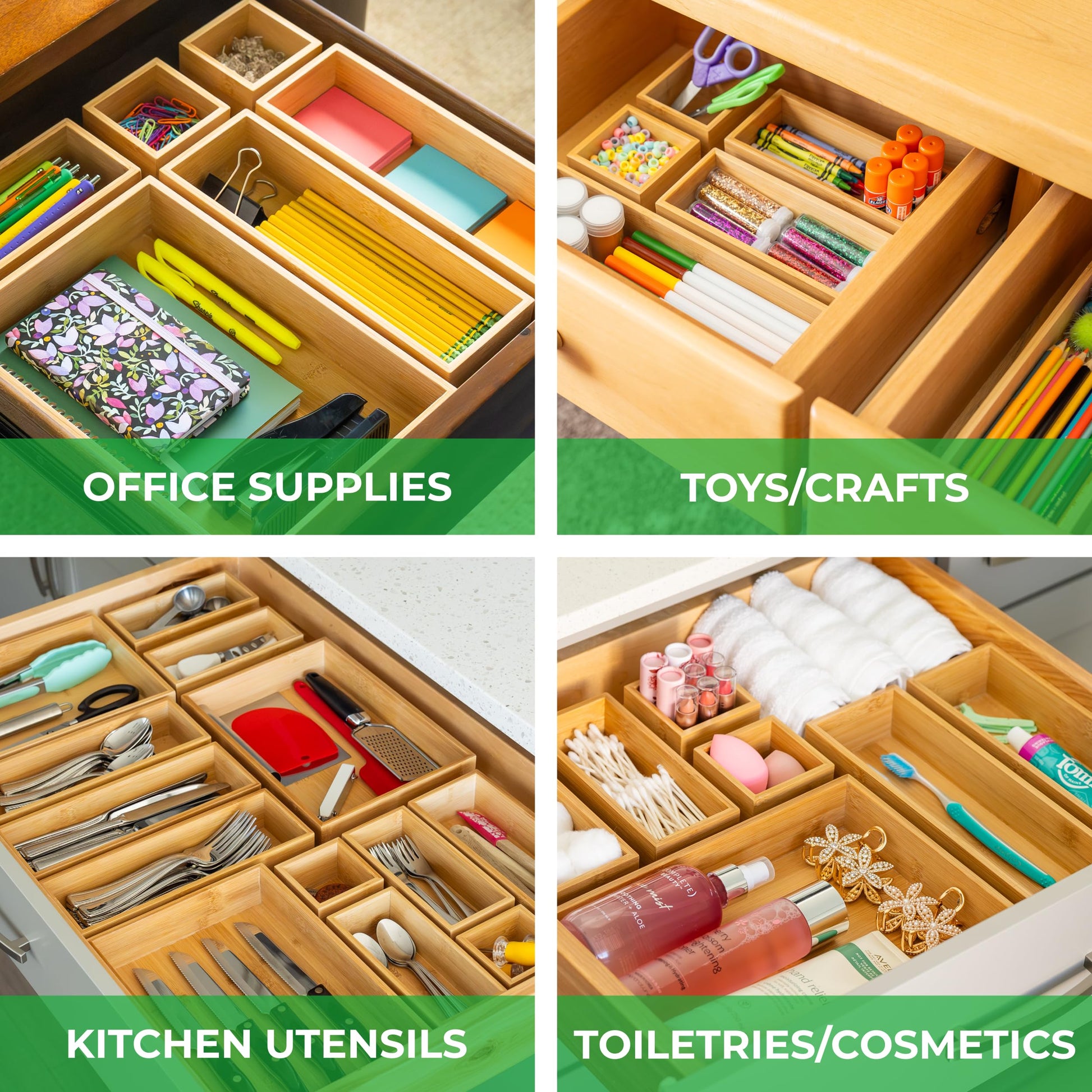 Grow Forward Bamboo Drawer Organizer Boxes - Set of 14 Wooden Drawer Organizers for Kitchen
