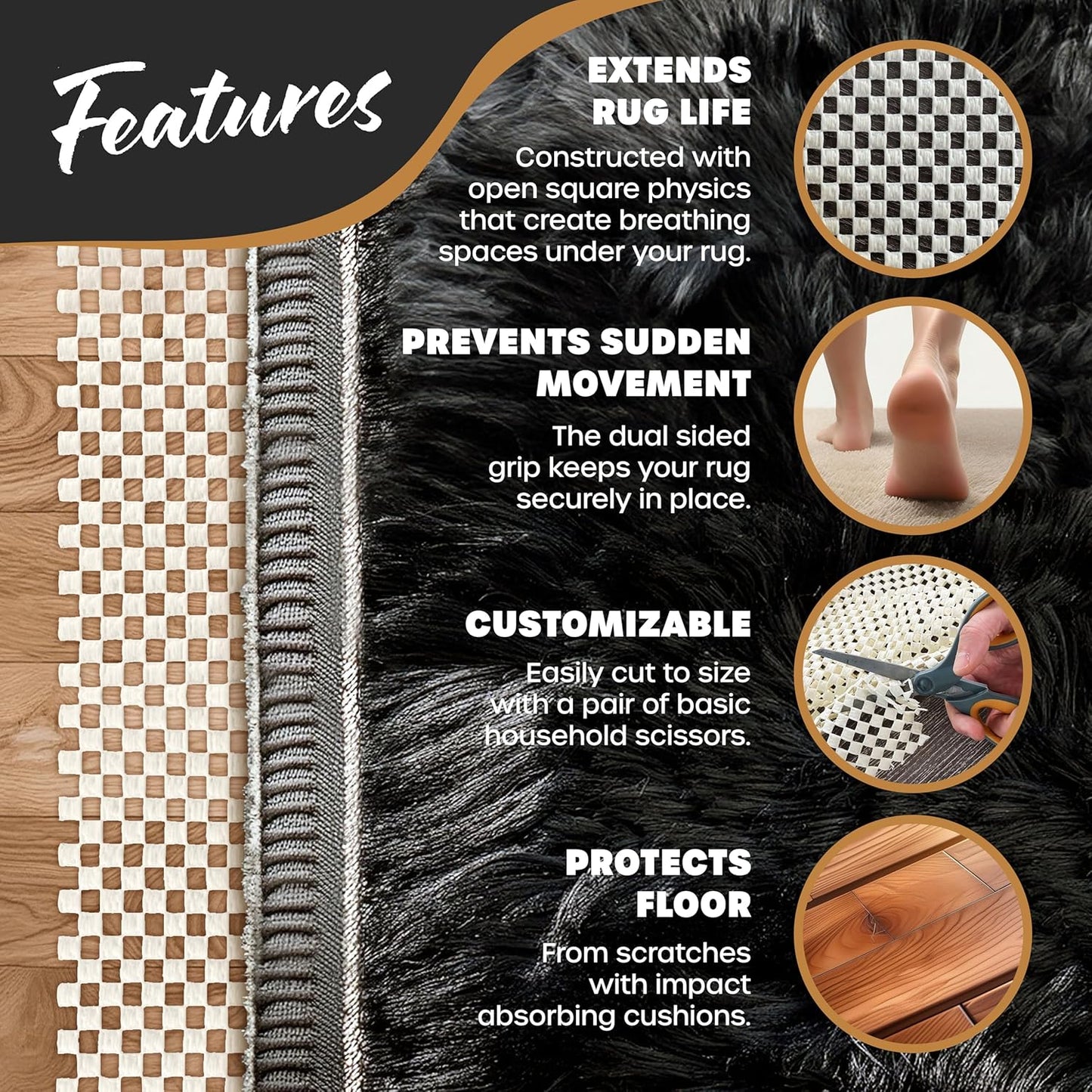 Nevlers 6'x9' White Under Rug Non Slip Pad | PVC Foam Non Slip Rug Pad & Carpet Pad | Customizable Open Weave Anti Slip Rug Grips Design| Anti Skid Rug Gripper for Hardwood Floors & Other Surfaces