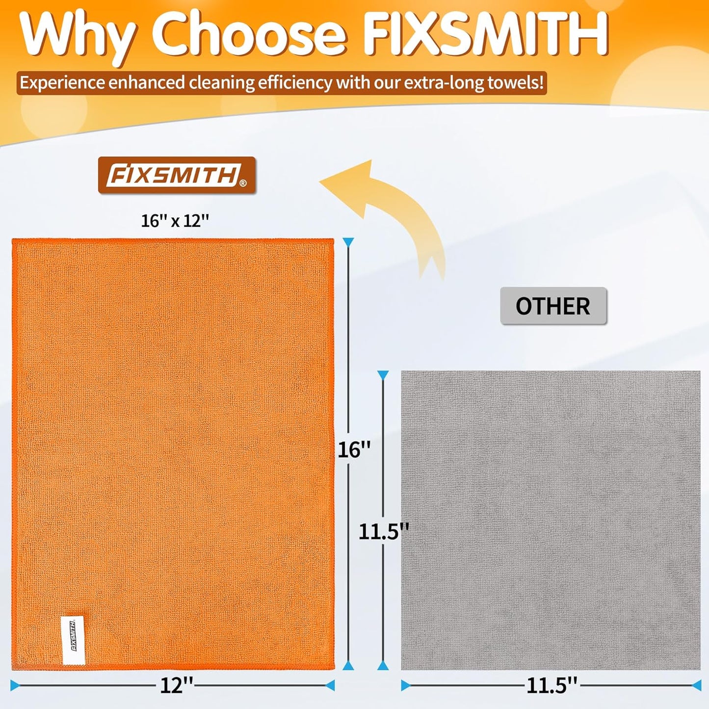 FIXSMITH Microfiber Cleaning Cloth -Pack of 8, Highly Absorbent Cleaning Rags(Grey&Orange), 16"X12" All Purpose Cleaning Towels for Housekeeping, Kitchen, Car, Reusable Microfiber Towels