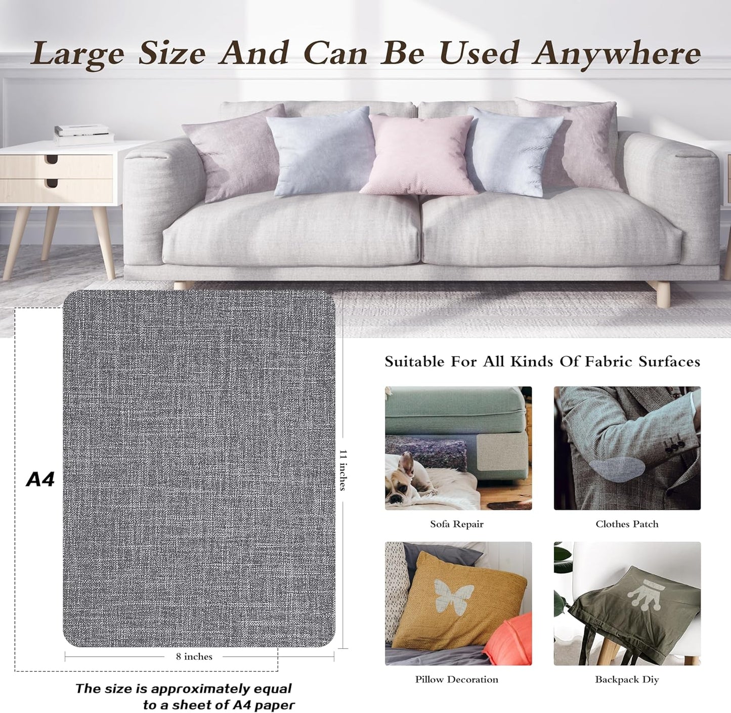 Fine Linen Repair Patches, Self-Adhesive Linen Fabric Patches, 8X11 inch Extra Size, Multi Color, Can be Used for Linen Sofa Repair and Linen Clothes Repair(8" x 11",Dark Grey 3.0)