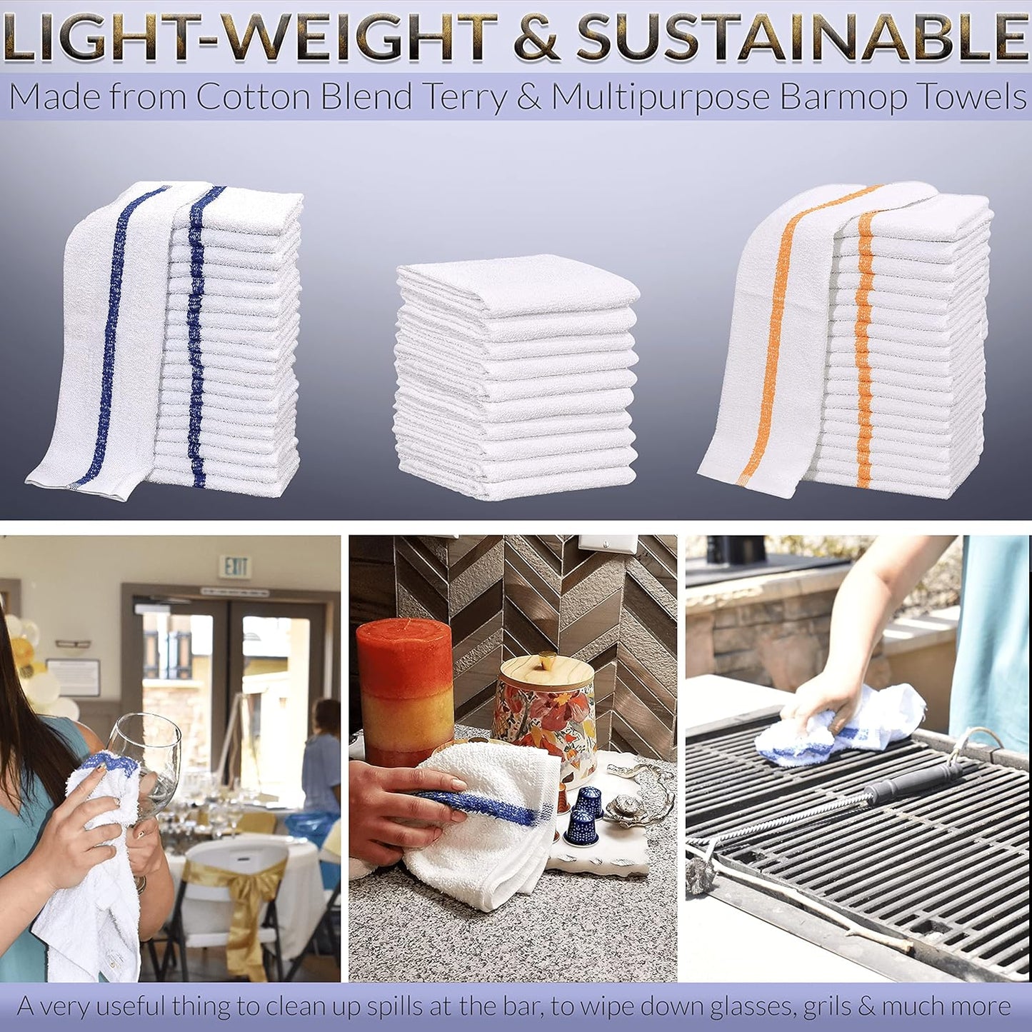 GOLD TEXTILES 60 PC New Cotton Blend White Restaurant Bar Mops Kitchen Towels 28oz (5 Dozen) (60, White)