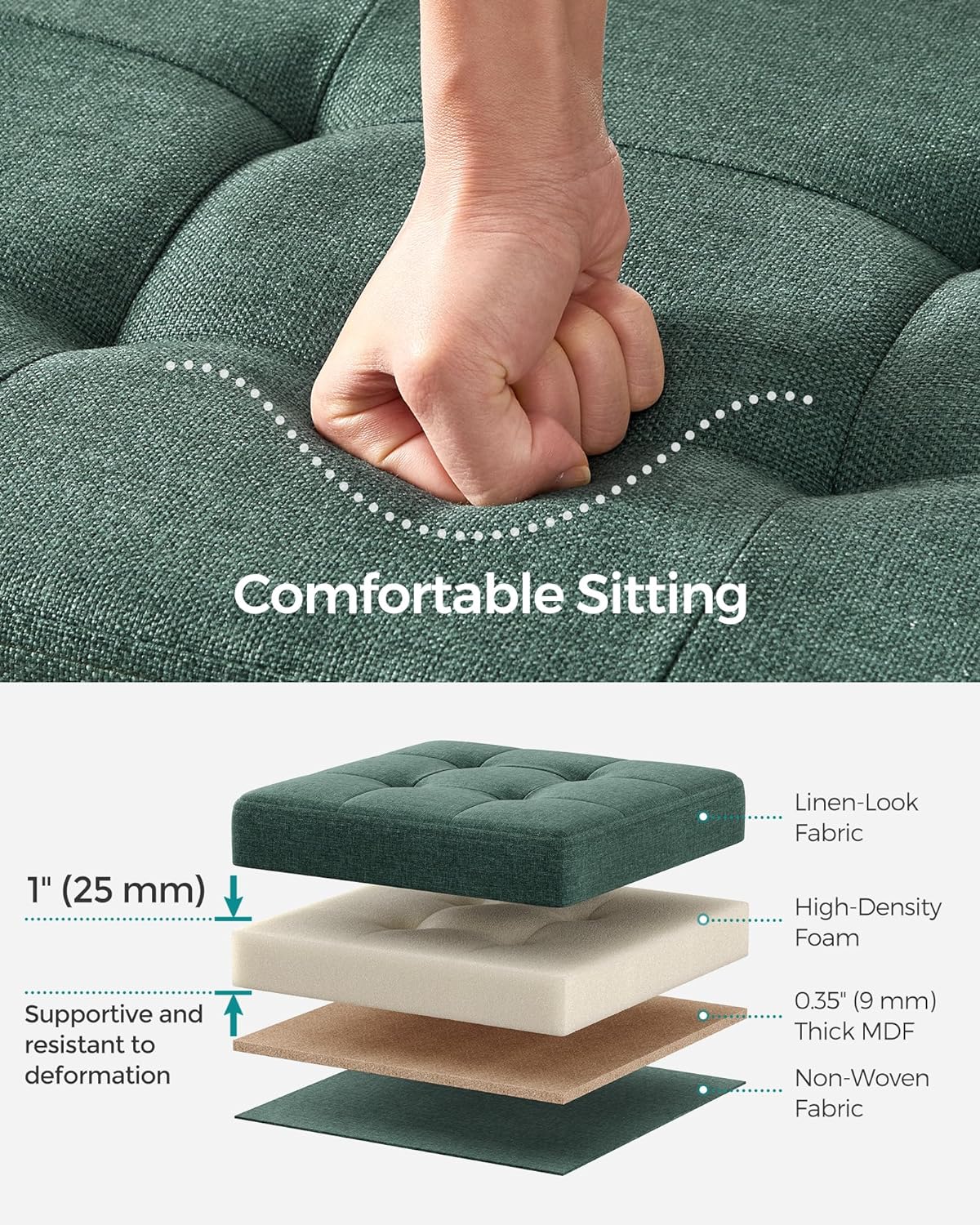 SONGMICS MAZIE Collection - 43 Inches Folding Storage Ottoman Bench, Ottoman Foot Rest, End of Bed Bench, Storage Chest, Load 660 lb, for Living Room, Bedroom, Entryway, Retro Green ULSF077C01