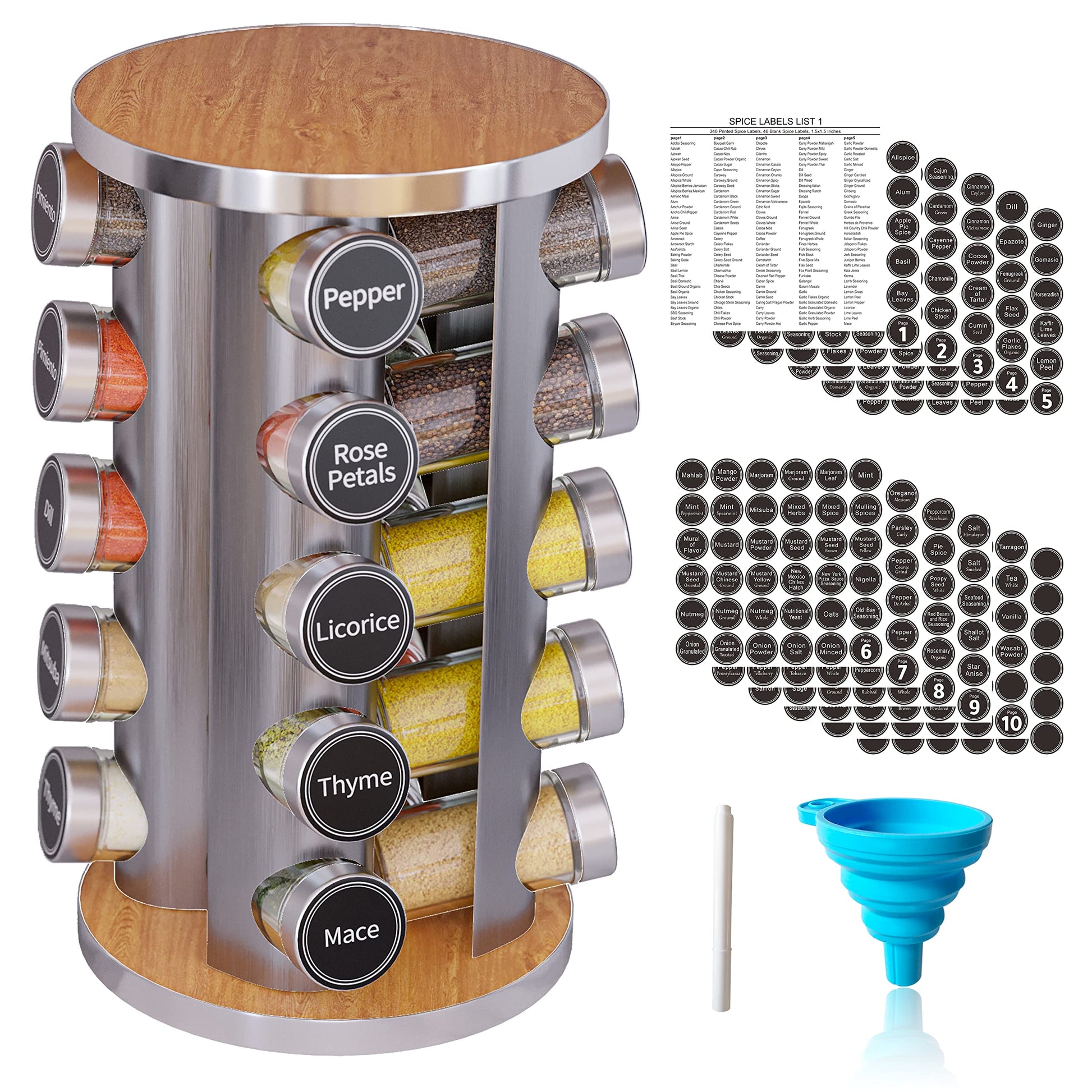 Revolving Spice Rack Set with 20 Spice Jars, Kitchen Spice Tower Organizer for Countertop or
