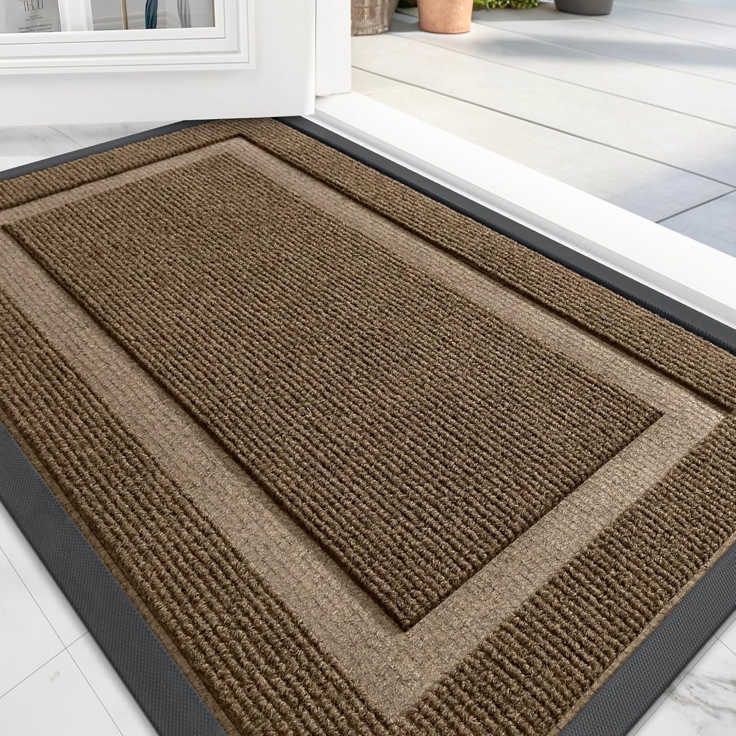 OLANLY Front Door Mat Indoor Outdoor Entrance, Waterproof All-Season, All-Weather Doormat, Sturdy Natural Rubber, Fade Resistant, Low Profile, Easy Clean Patio Porch Entryway Mat, 47x32, Brown