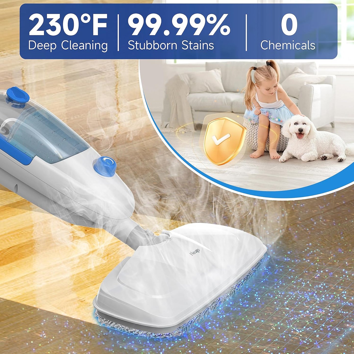 Steam Mop for Floor Cleaning, 10in1 Multi Purpose Handheld Steamer Cleaner Detachable for Vinyl, Laminate, Carpet, Tile Hard Floor Grout w/ 2 pad, 23ft Cord, 15oz Tank, Adjustable Steam & Height
