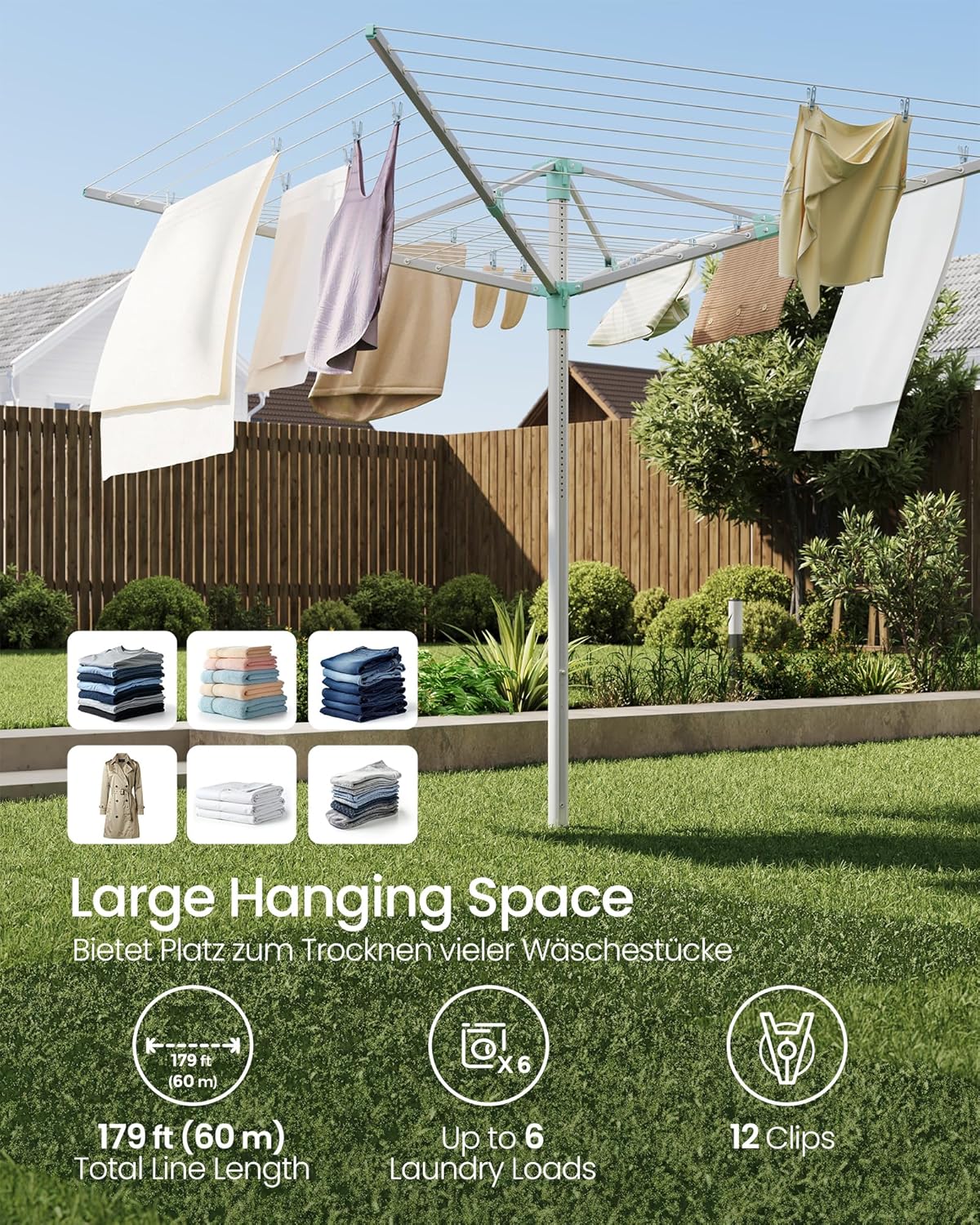 SONGMICS Umbrella Drying Rack, Retractable Outdoor Drying Rack, Height Adjustable, 197 ft Long Clothesline, Holds 6 Laundry Loads, for Garden, with Ground Spike, Cover, Silver and Green ULLR302E01