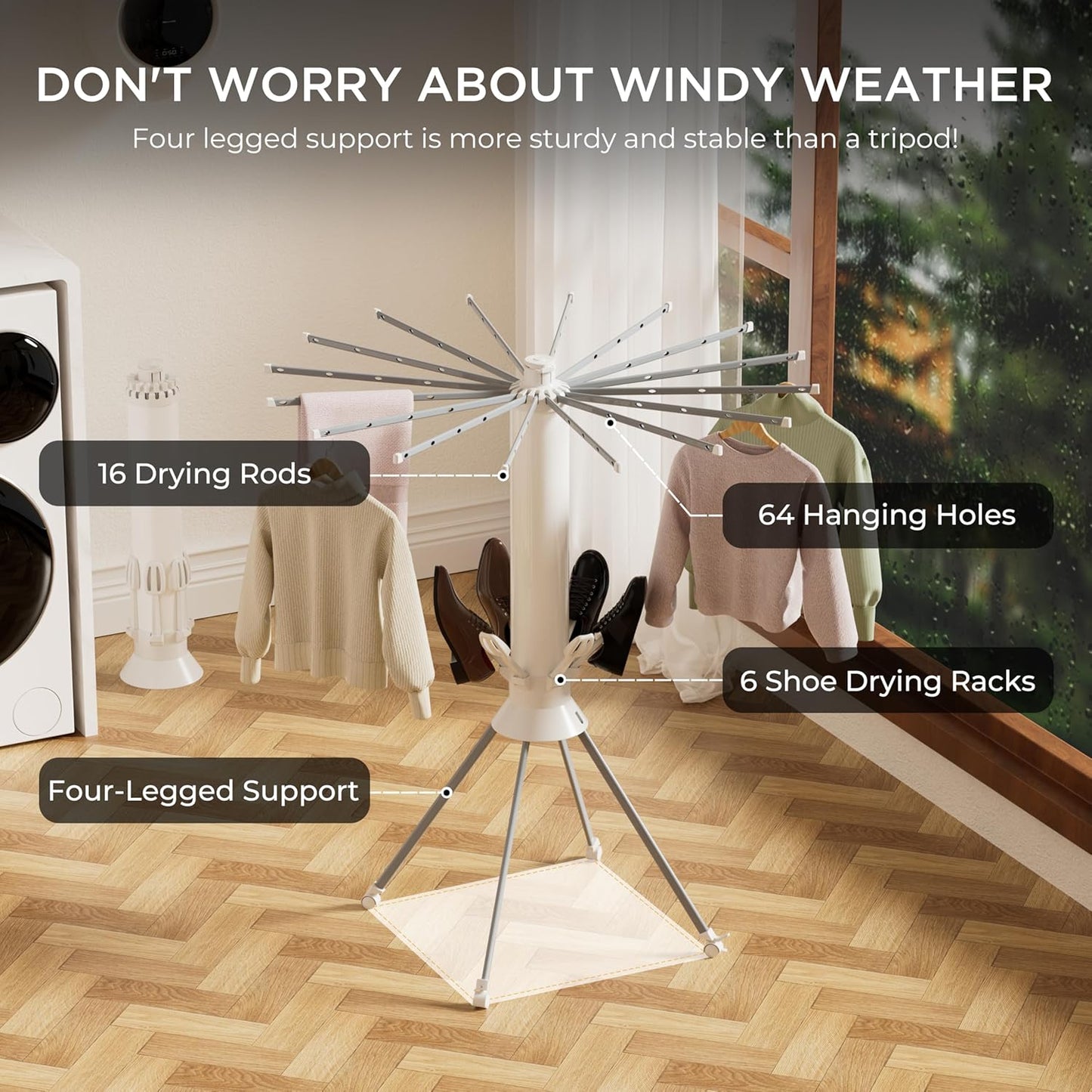 Clothes Drying Rack Foldable, Portable 4-Legged Laundry Drying Racks, Shoe Dryer Rack, Outdoor Collapsible Drying Rack Clothing with 4 Pulleys and Anti-Slip Holes, Aluminum Indoor Dry Rack