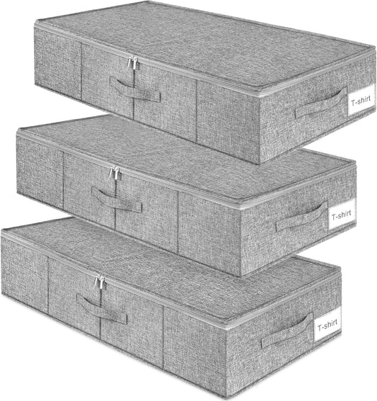 punemi Under Bed Storage, 3 Pack Underbed Storage Container Bags With Lid, Foldable Sturdy Clothes Storage Drawer Organizer W/ 3 Handles, Ultra Thick Fabric Blanket Shoe Storage Box, Grey