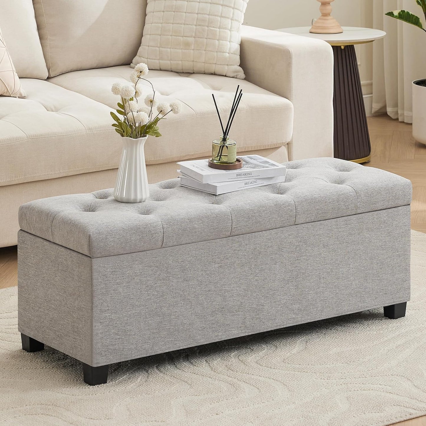 43’’ Storage Ottoman Bench, Linen Entryway Benches Load up to 660 Lb, Modern End of Bed Benches for Bedroom, Ottoman with Storage Bench for Living Room, Light Gray