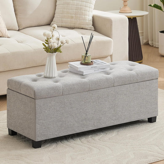43’’ Storage Ottoman Bench, Linen Entryway Benches Load up to 660 Lb, Modern End of Bed Benches for Bedroom, Ottoman with Storage Bench for Living Room, Light Gray