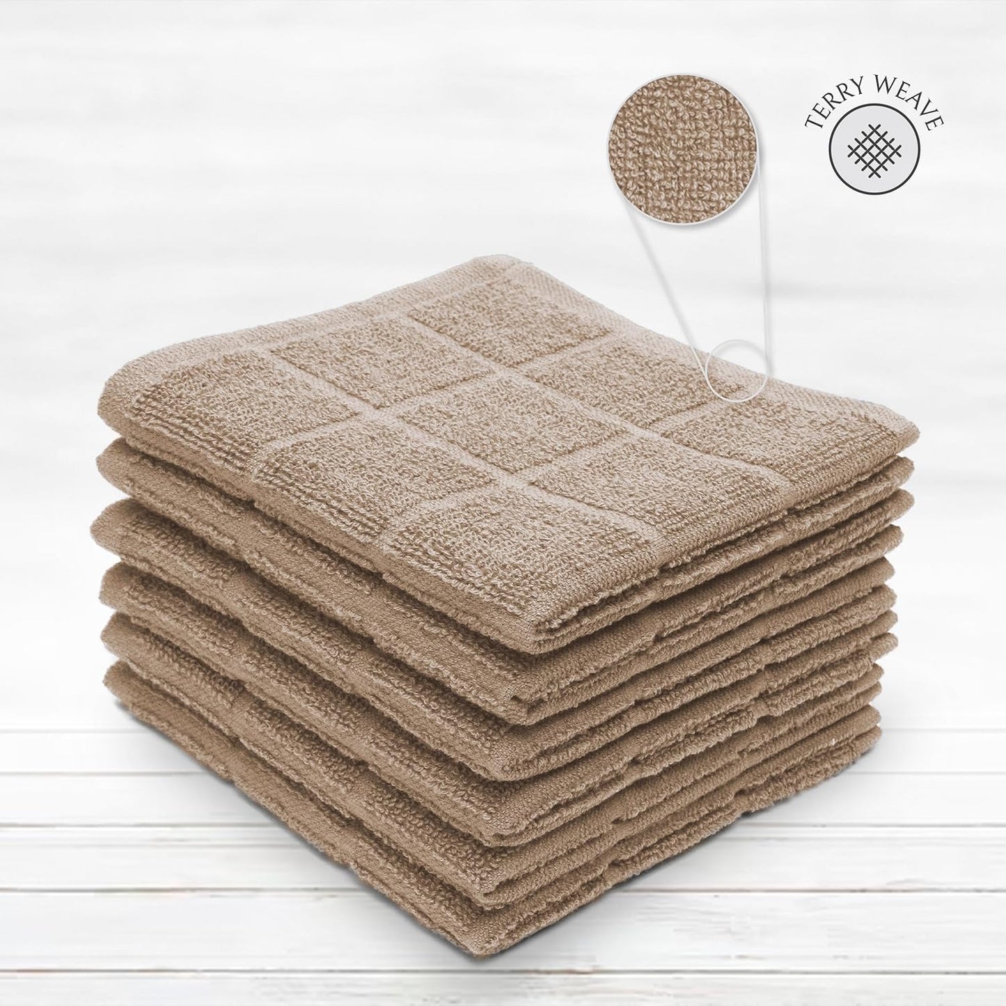 100% Cotton Terry Dish Cloth & Dish Towel, 6 Pack, Super Soft and Absorbent Kitchen Towels, Perfect for Kitchen Cleaning and Dish Washing (TAN 6 Pack)