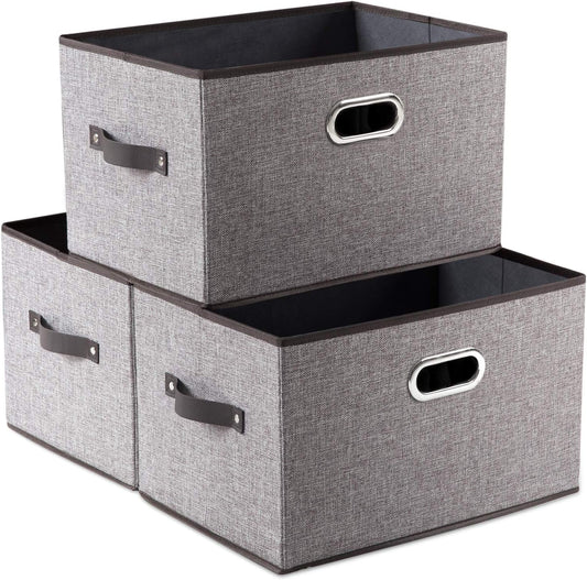 PRANDOM Larger Collapsible Storage Bins for Closet [3-pack] Decorative Linen Fabric Storage Baskets Cubes with Leather/Metal Handles for Living Room Cloth Grey and Black Trim (17.3x12.2x10.4 Inch)