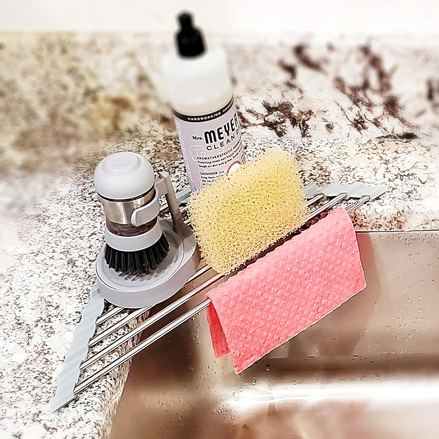 Roll Up Sponge Holder for Counter, Sink Organizer for Kitchen, Bathroom, Laundry Room, 304-Stainless Steel Sink Organizer for Sponge, Brush, Scrubber, Soap Dispenser Holder, Dish Drying Rack (Gray)