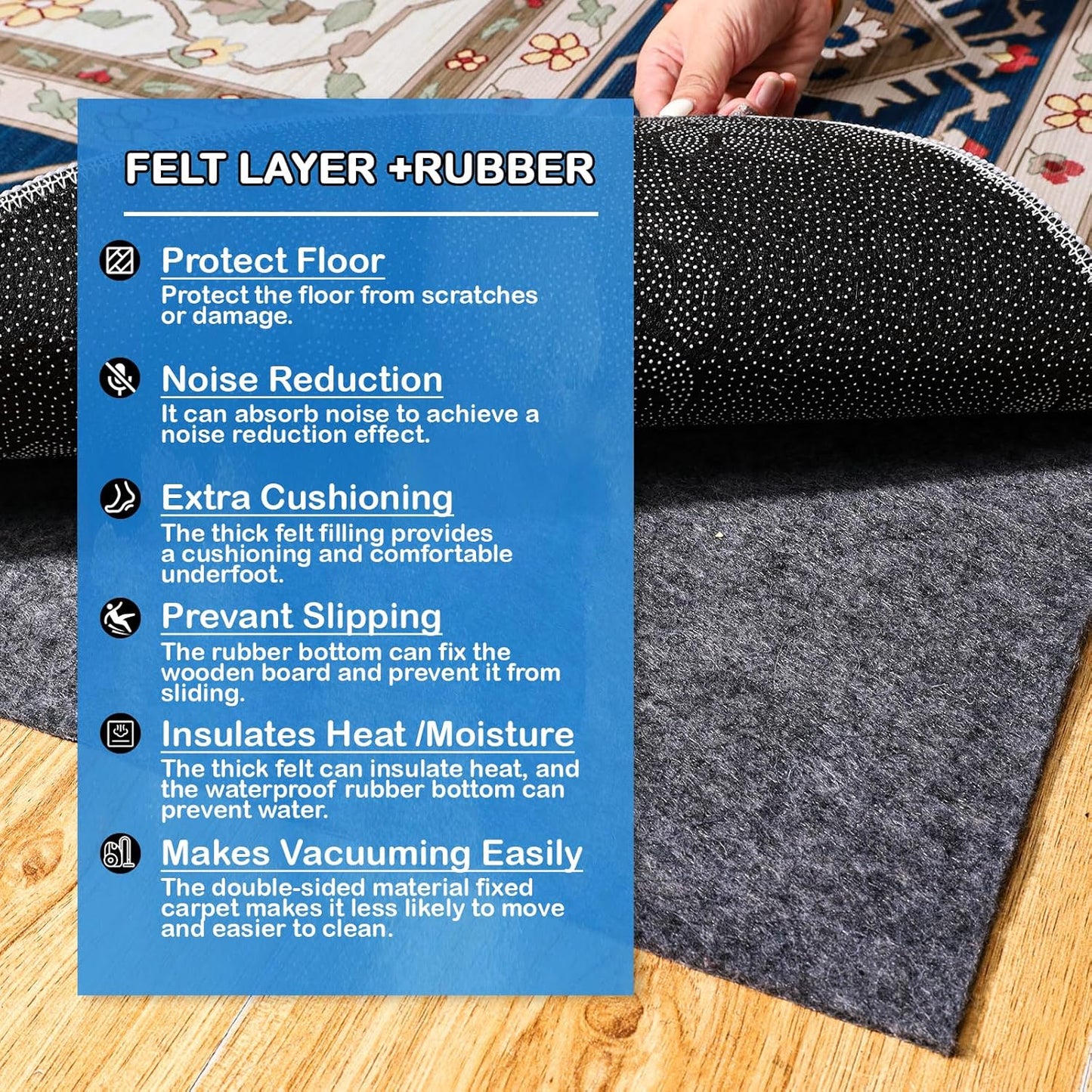 Non-Slip Rug Pads 2 x 10ft, 100% Waterproof Extra Large Area Rugs Non Skid Rug Pad for All Floors and Finishes Durable Hardwood Floor Protective Felt Keeps Rugs in Place, Safe and Secure