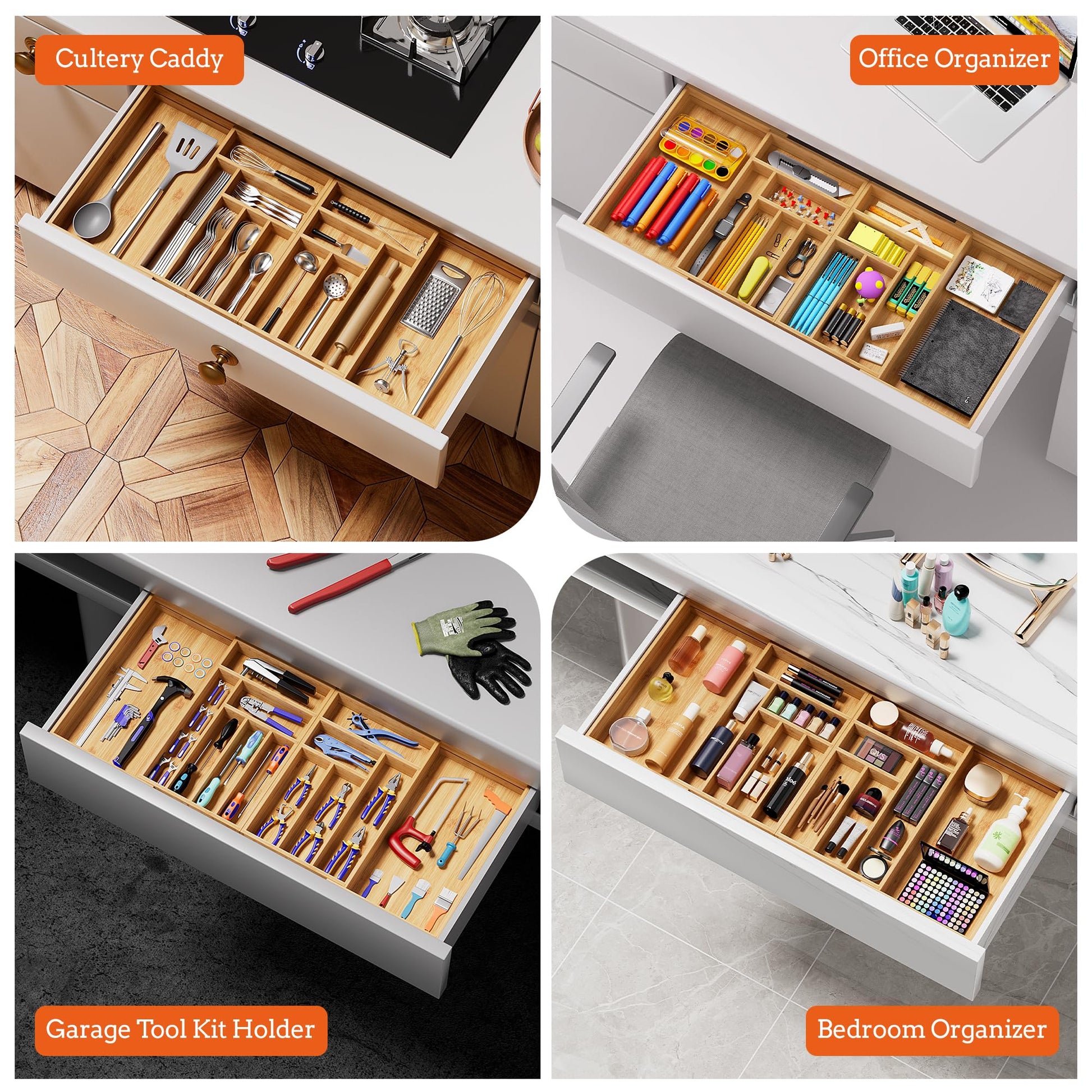 Silverware Organizer Large, Magnetic Connected Expandable 13 Slots Silverware Drawer Organizer From