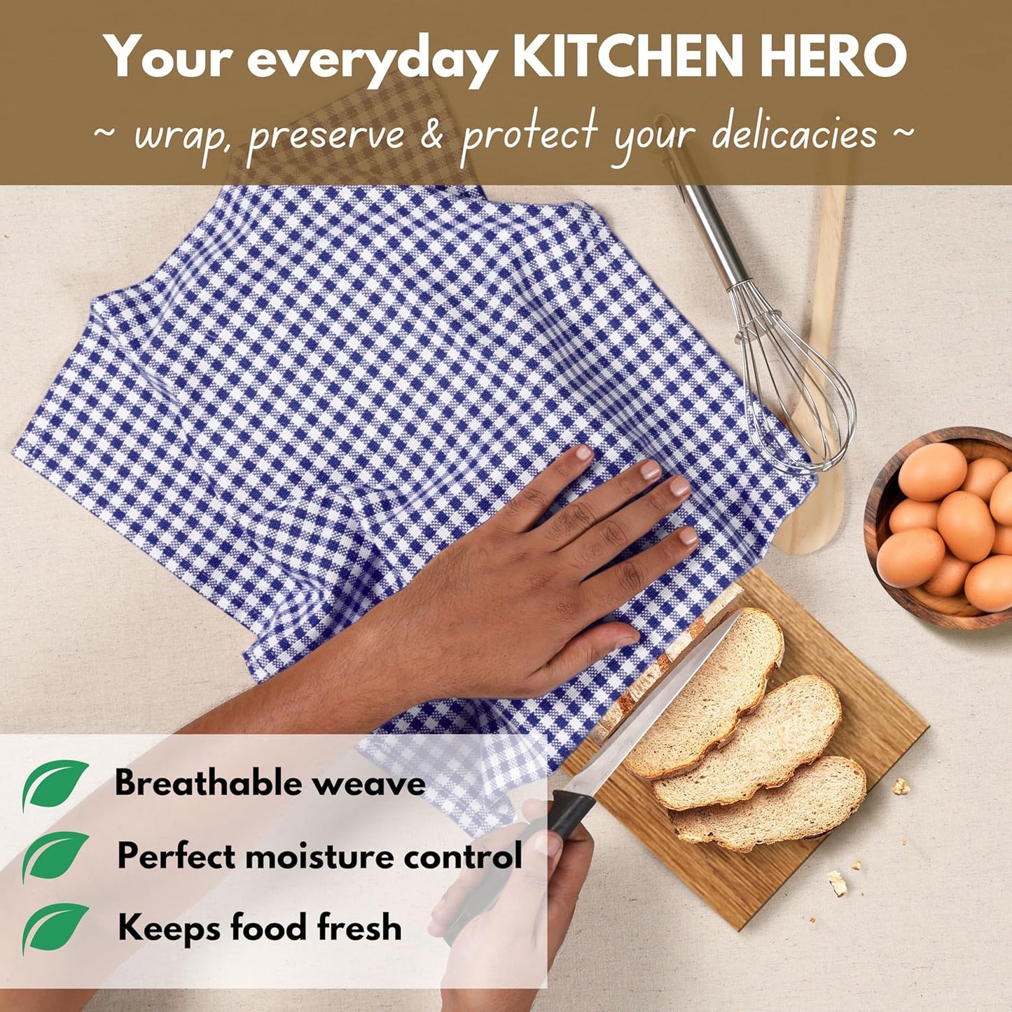 Native Fab 12 Pack Gingham Mini Check Kitchen Dish Towel Cotton Durable Washable 16"x26" - Tea Towels, Soft Absorbent Cleaning Towels, Hand Towel with Hanging Loop - Blue White