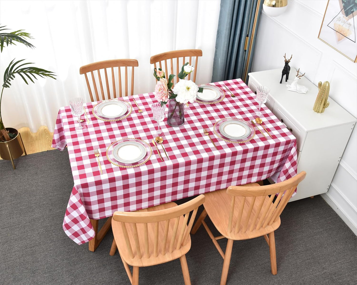 Classic Gingham Buffalo Tablecloth Fabric - Oblong 58x144 Inch Water Proof Checkered Table Cloth for Indoor Outdoor - Table Cover for Valentine's Day, Picnics, BBQs, and Parties