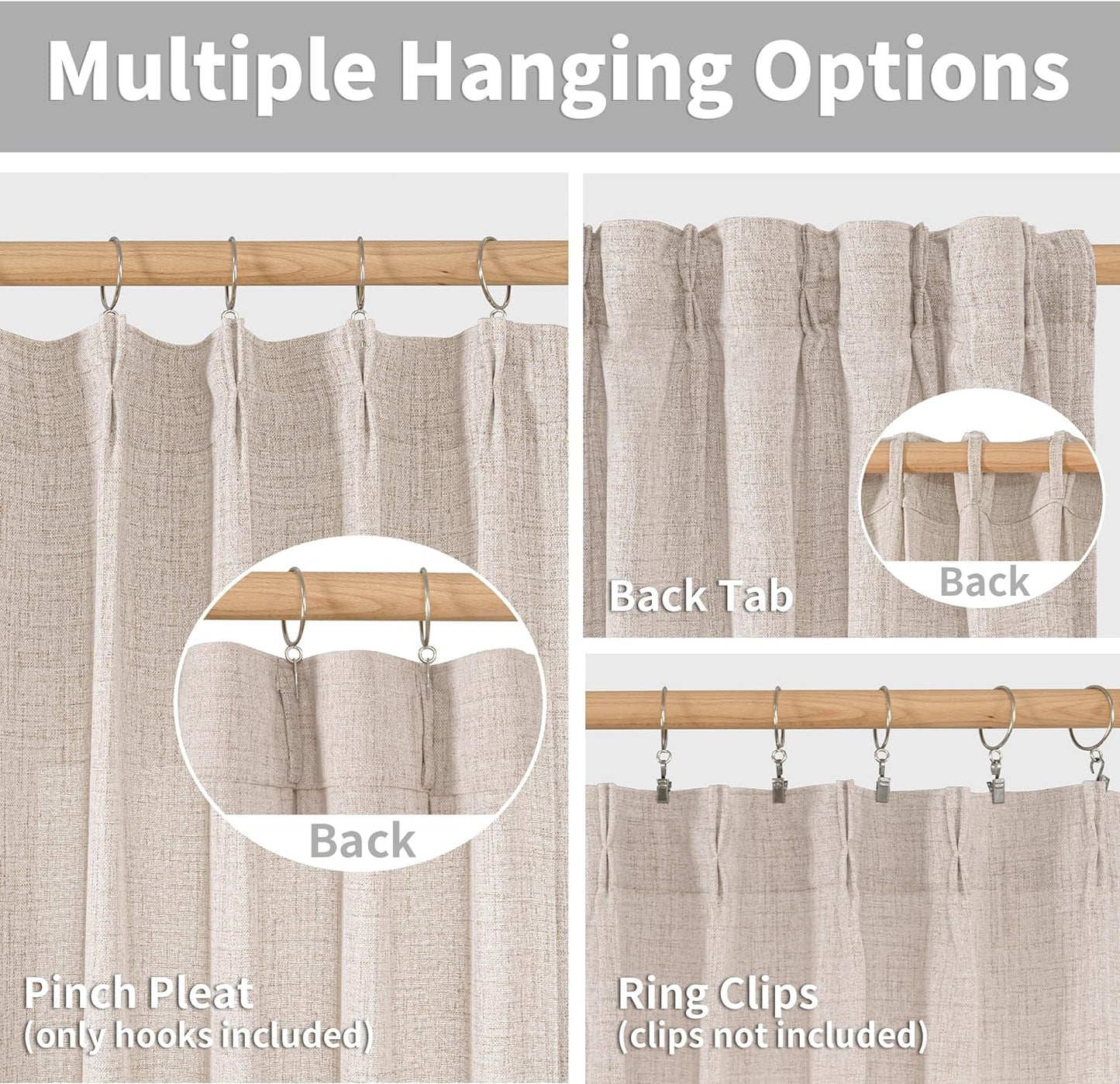 YoungsTex Pinch Pleated Linen Curtains 102 Inch Length 2 Panels Light Filtering Textured Window Drapes for Living Room Bedroom Sliding Door Back Tab, 40 X 102 Inch