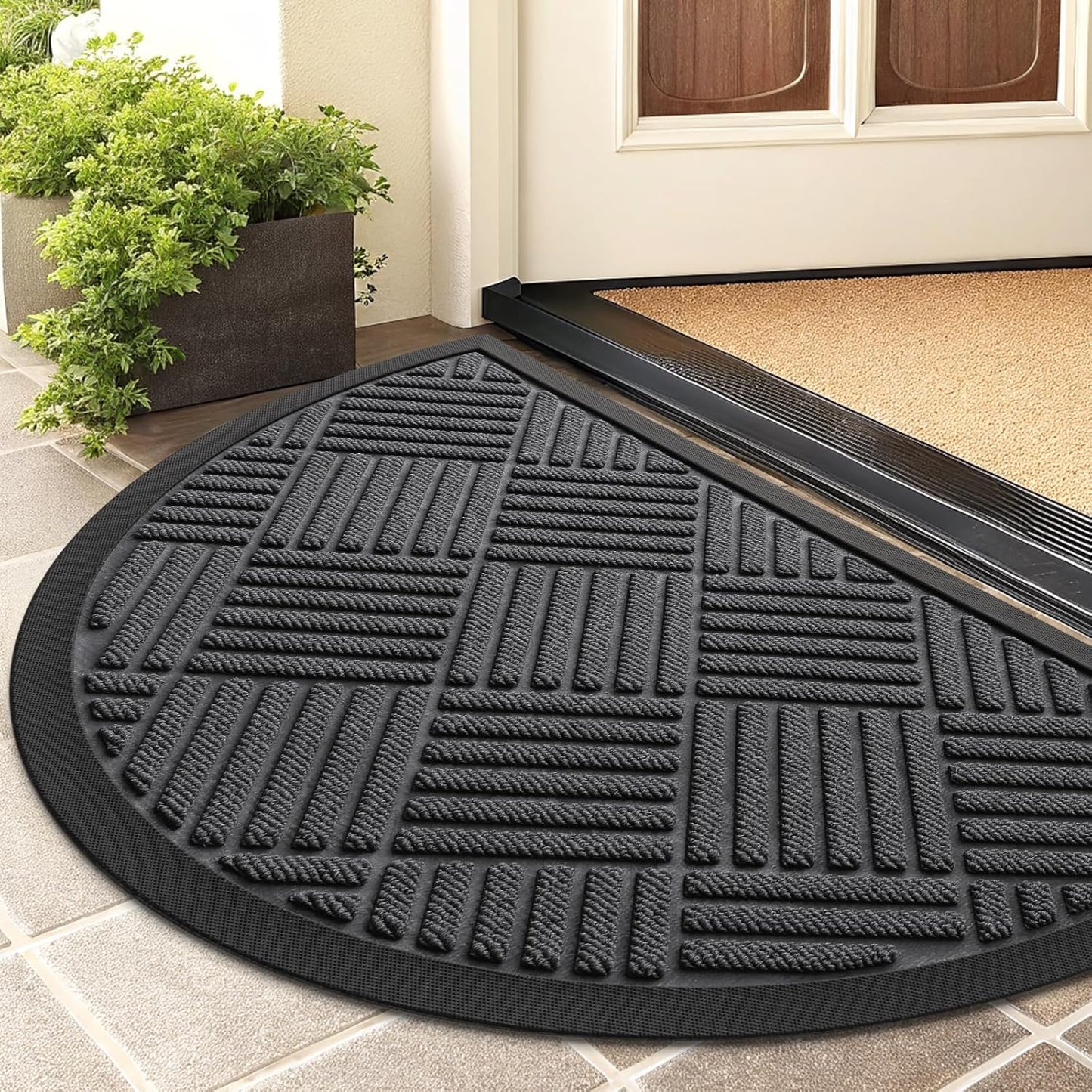 Smiry Half Circle Front Door Mat Outside Entrance,Heavy Duty Outdoor Indoor Natural Rubber Doormat,Non Slip,Trap Dirt and Moisture,Easy Clean,Low Profile Patio Porch Entryway Mat,29.5x17, Light Grey