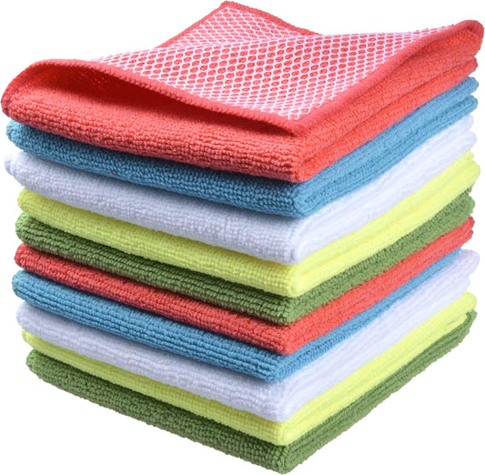SINLAND Microfiber Dish Cloth for Washing Dishes Dish Rags Best Kitchen Washcloth Cleaning Cloths with Poly Scour Side 5 Color Assorted 12inchx12inch 10pack