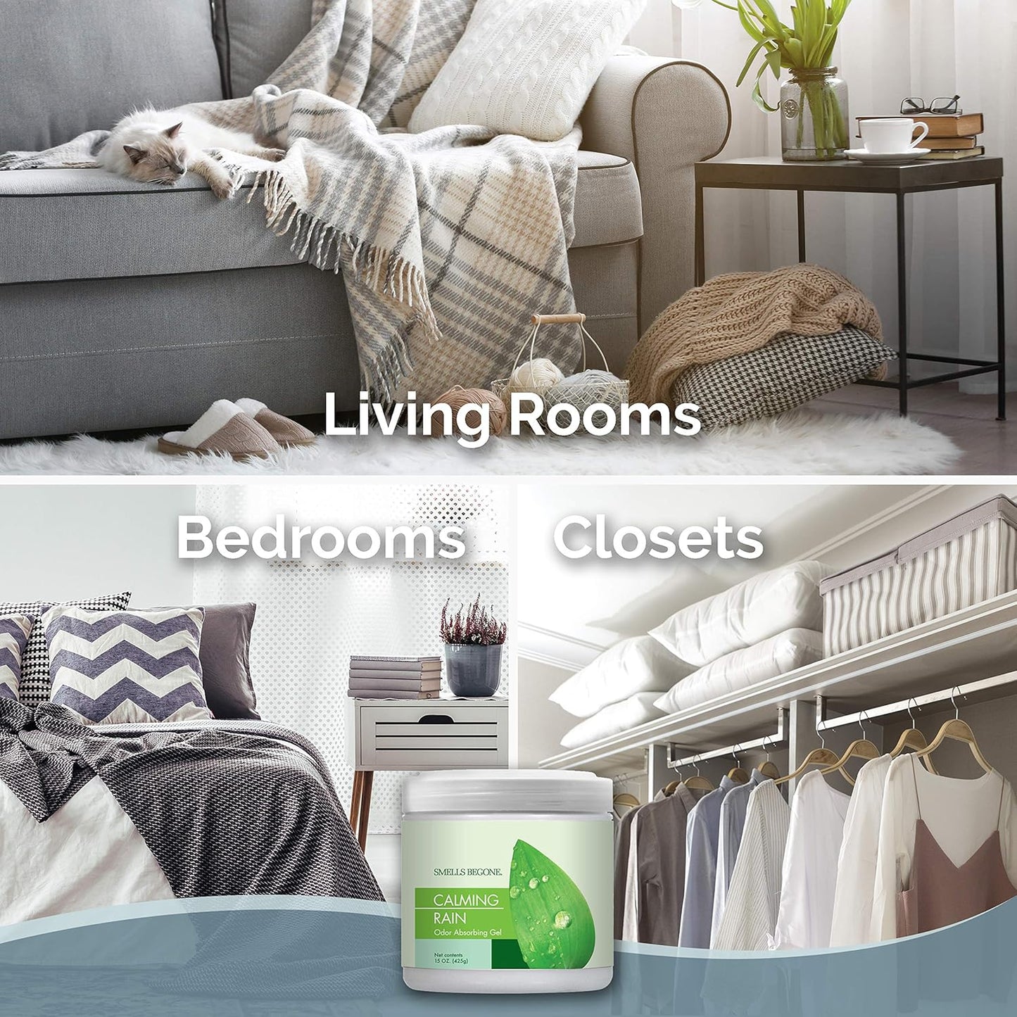 SMELLS BEGONE Air Freshener Odor Absorber Gel - 15 oz, Pack of 2 - Absorbs and Eliminates Odor in Pet Areas, Bathrooms, Cars, & Boats - Made with Essential Oils - Calming Rain Scent