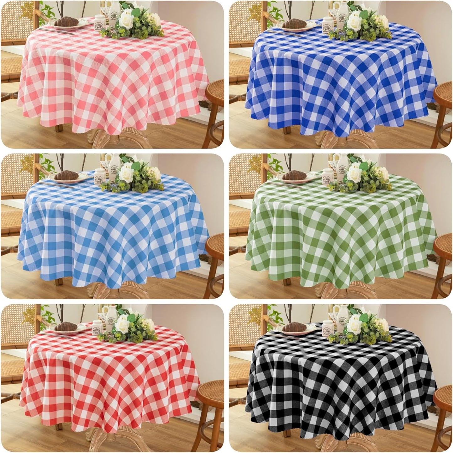 Waterproof Plaid Tablecloth Fabric - Round 50 Inch Classic Gingham Checker Table Cloth for Indoor/Outdoor Use - Buffalo Table Cover for Picnics, BBQs, and Parties