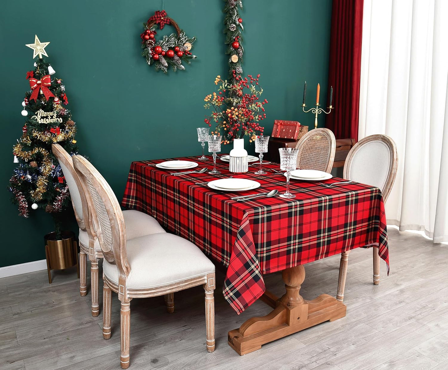 Red Tartan Waterproof Plaid Christmas Tablecloth Fabric - Square 58x58 Inch Classic Gingham Checker Holiday Table Cloth for Indoor Use - Xmas Table Cover for Picnics, BBQs, and Parties