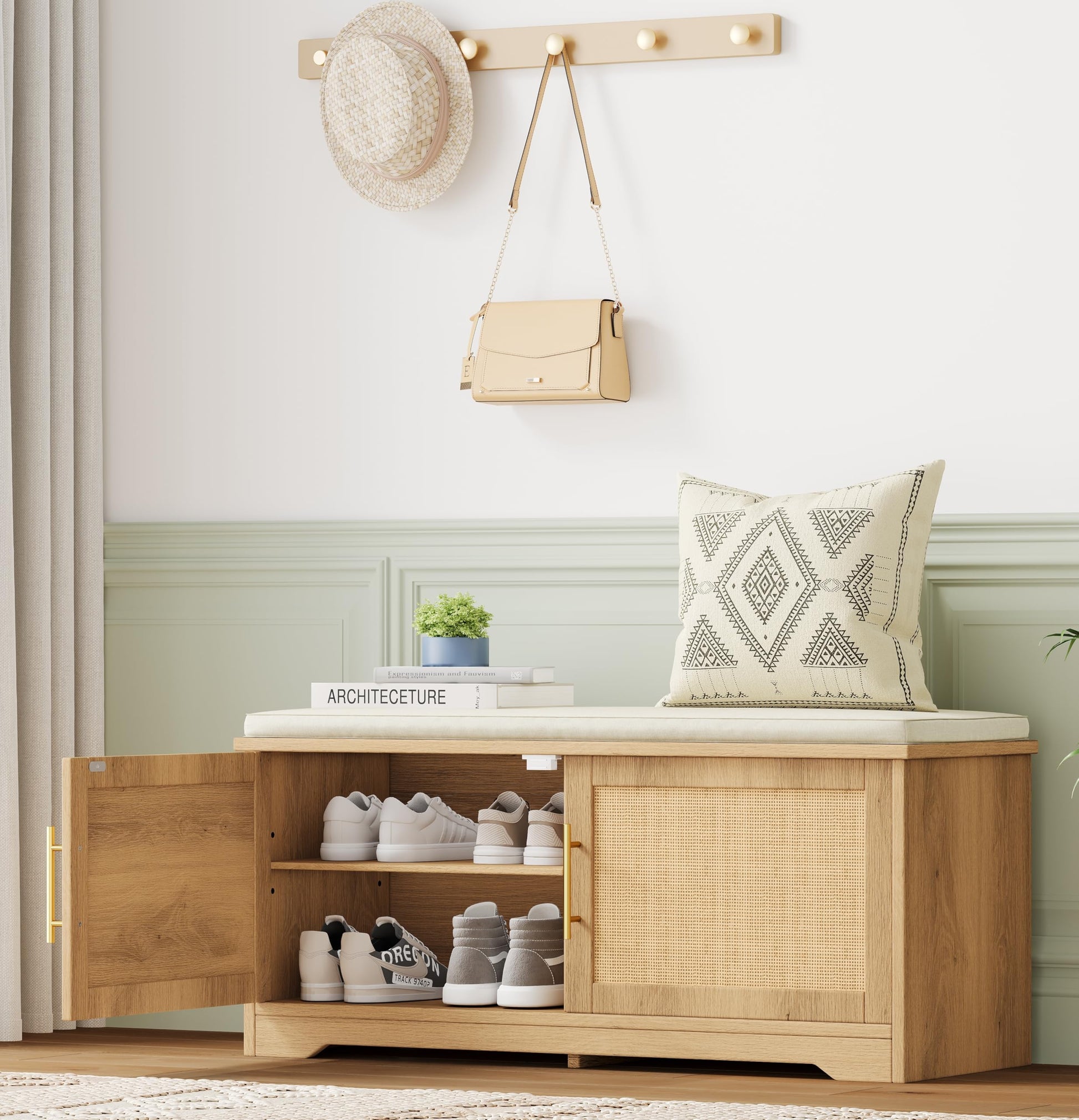 Zeibospri Rattan Shoe Storage Bench, 39.4" Wide Entryway Bench, Natural Oak