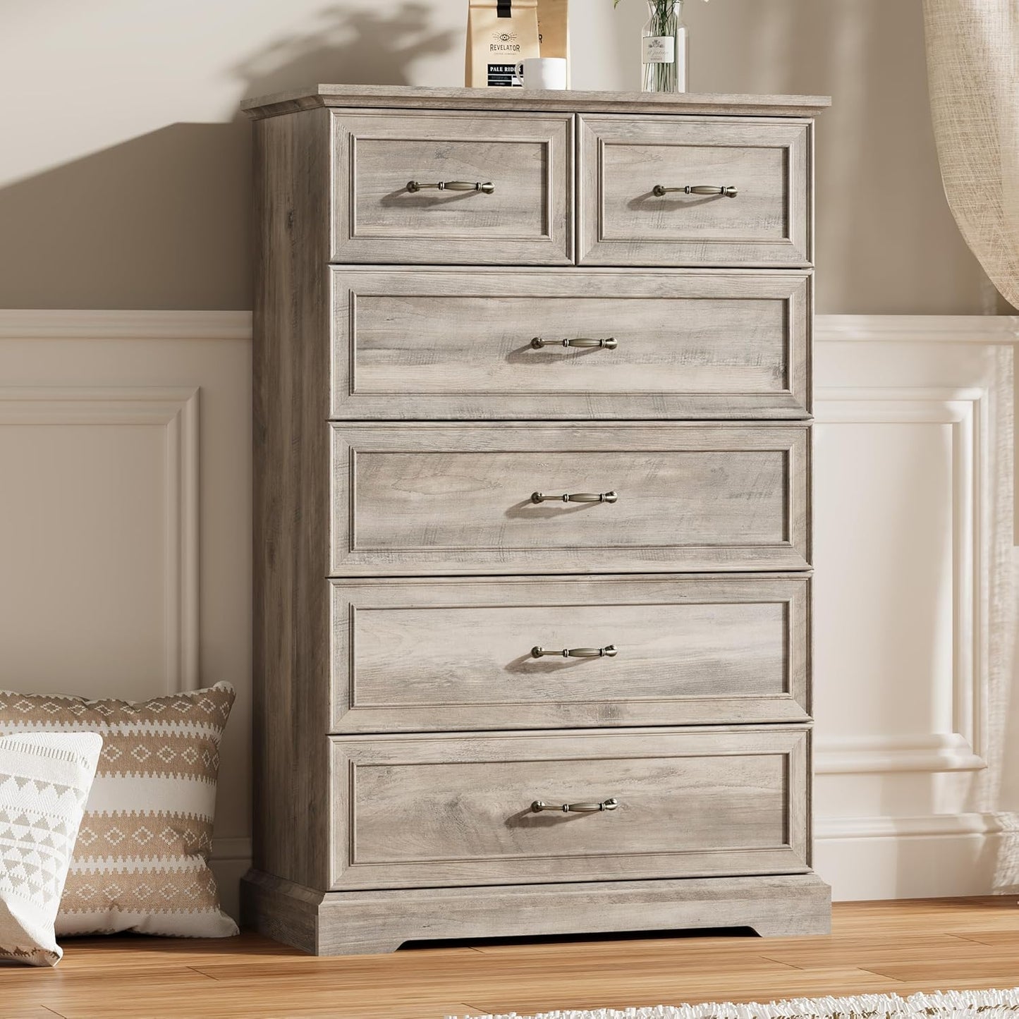 6 Drawer Dresser for Bedroom, 49" Tall Wooden Chest of Drawers, Rustic Farmhouse Dresser with Large Drawers & Metal Handles, Modern Storage Organizer for Closet, Living Room, Hallway, Grey