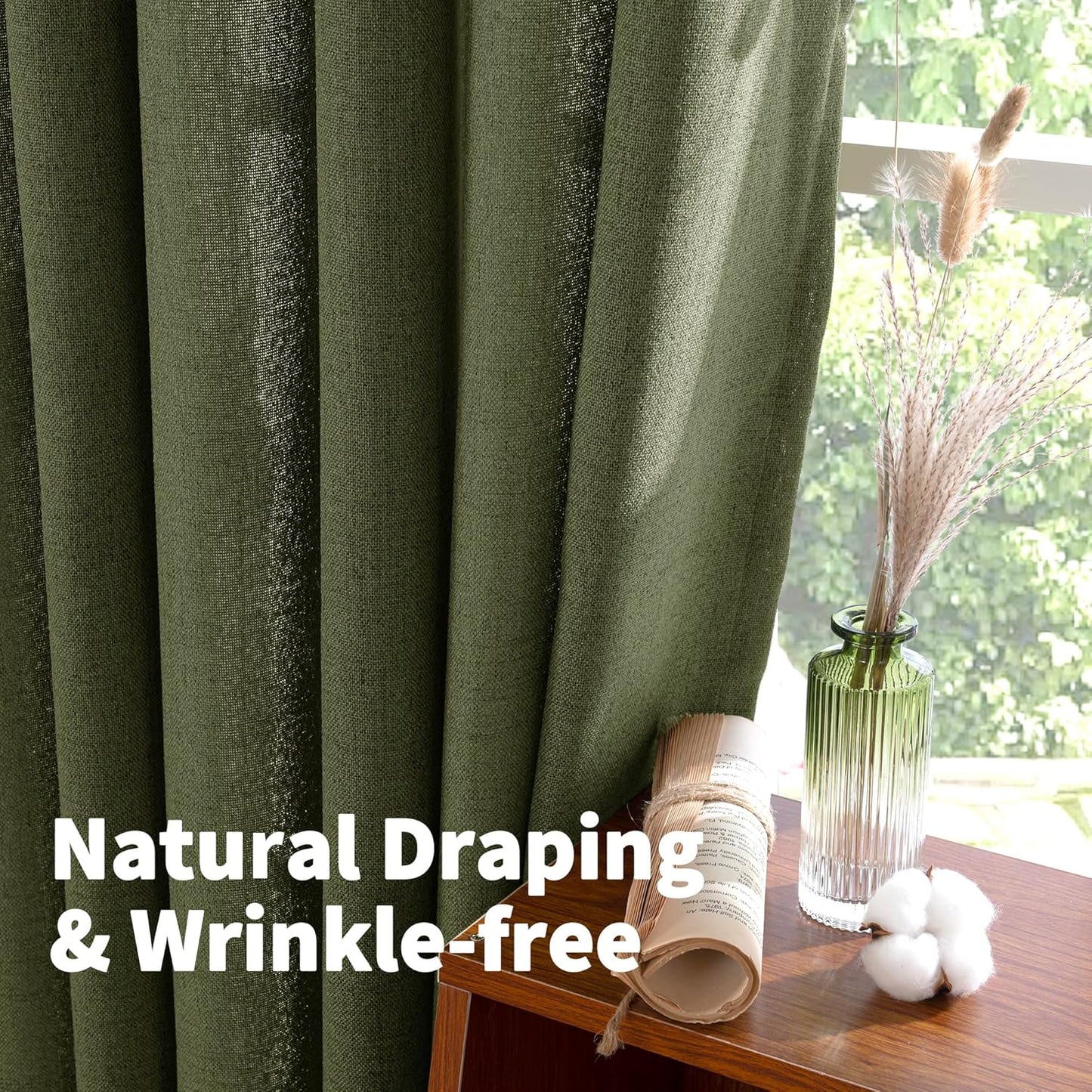 YoungsTex Olive Green Linen Curtains 45 Inch Length, Short Window Drapes Light Filtering Textured Semi Sheer with Rod Pocket Back Tab for Kitchen Living Room, 2 Panels, 42 X 45 Inch