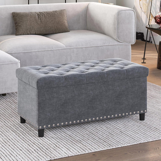 BELLEZE 35" Tufted Ottoman, Storage Bench with Safety Close Hinge, Ottoman with Storage for Living
