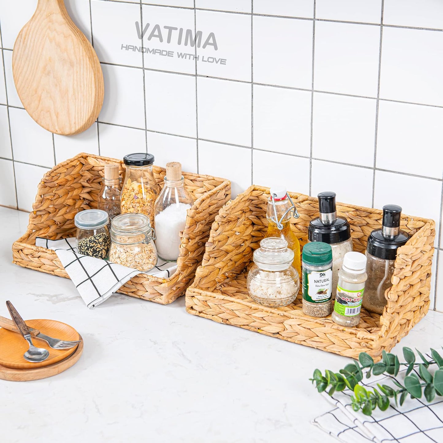 VATIMA Water Hyacinth Storage Baskets with Large Open-Front for Kitchen, Decorative for Living Room, 13.4” x 9.5” x 5.5”, 2 Pack