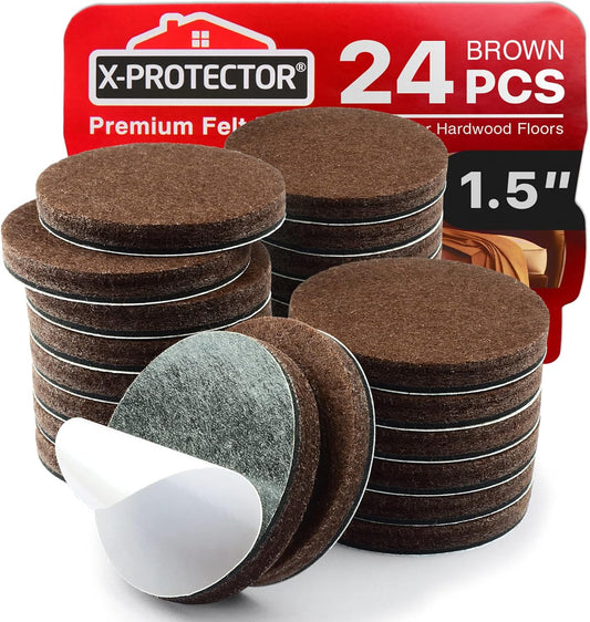 24 Heavy-Duty Felt Furniture Pads 1.5” 1/4” Thick X-Protector! Round Felt Pads for Furniture Feet - The Best Felt Floor Protectors for Furniture to Prevent Scratches. Protect Your Hard Floor! (Brown)