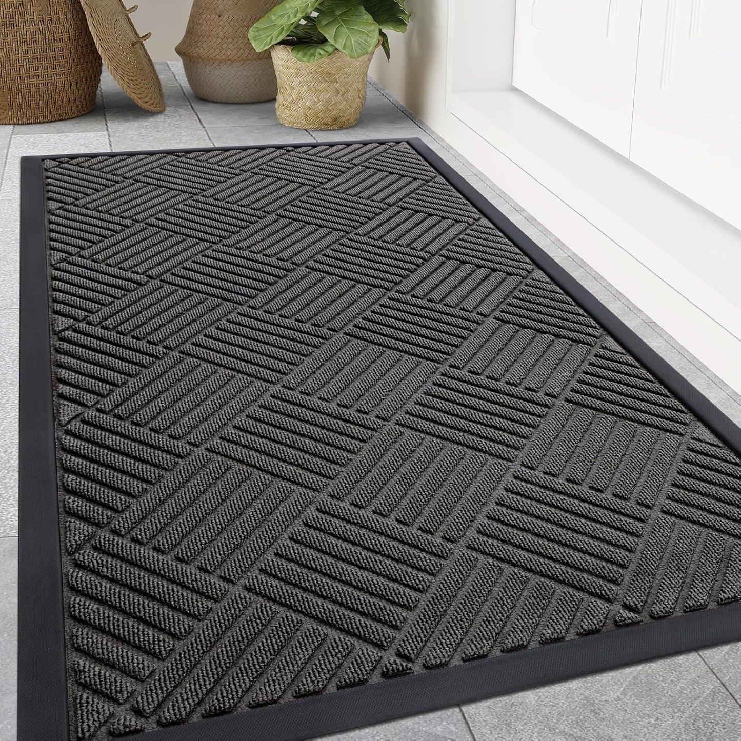 Smiry Front Door Mat Outside Entrance, Heavy Duty Outdoor Indoor Natural Rubber Doormat, Non Slip, Trap Dirt and Moisture, Easy Clean, Low Profile Patio Porch Entryway Mat, 59x35, Grey