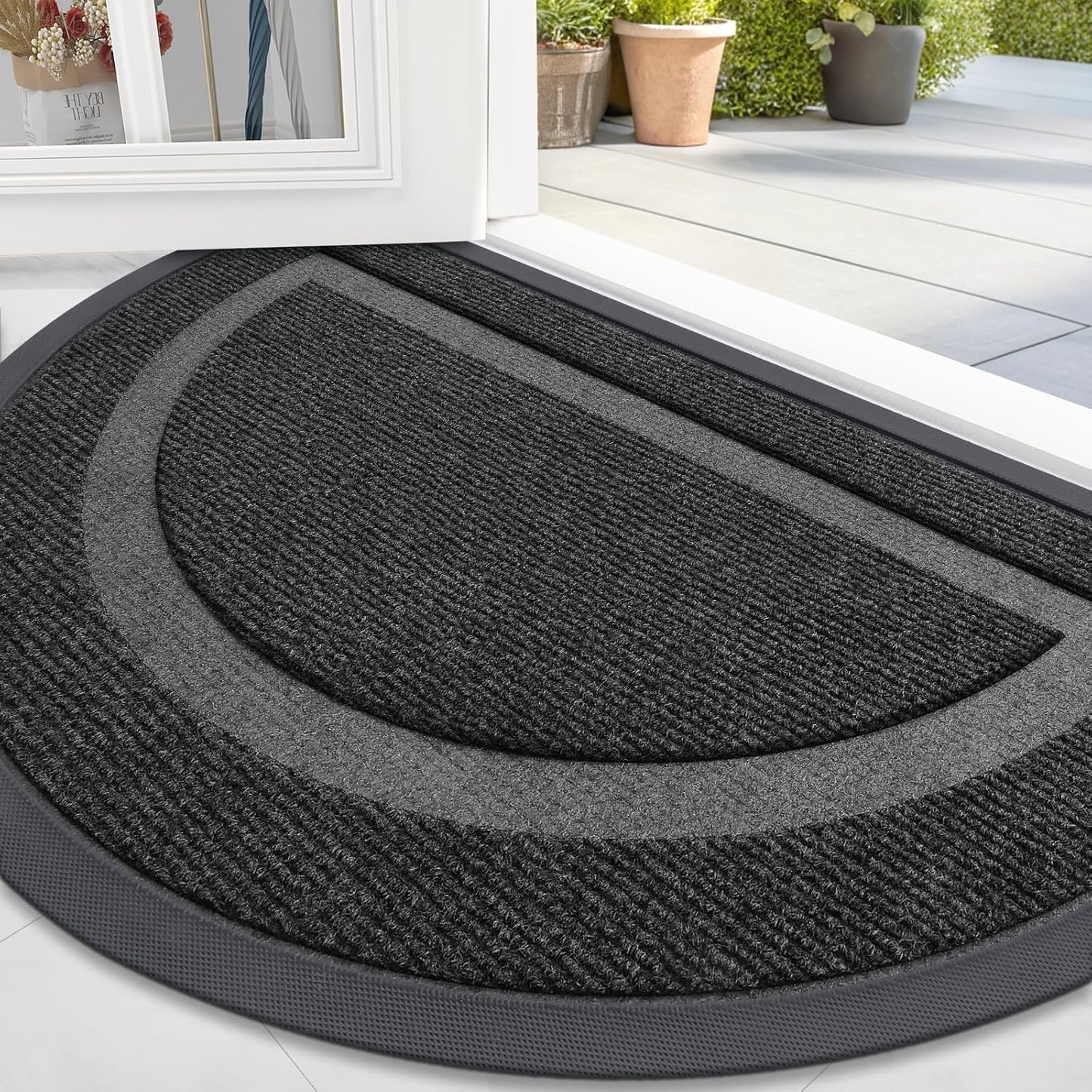 OLANLY Half Circle Door Mat Indoor Outdoor Entrance Welcome, Waterproof All-Season, All-Weather Doormat, Sturdy Natural Rubber, Low Profile, Easy Clean Patio Porch Entryway Mat, 59x35, Black