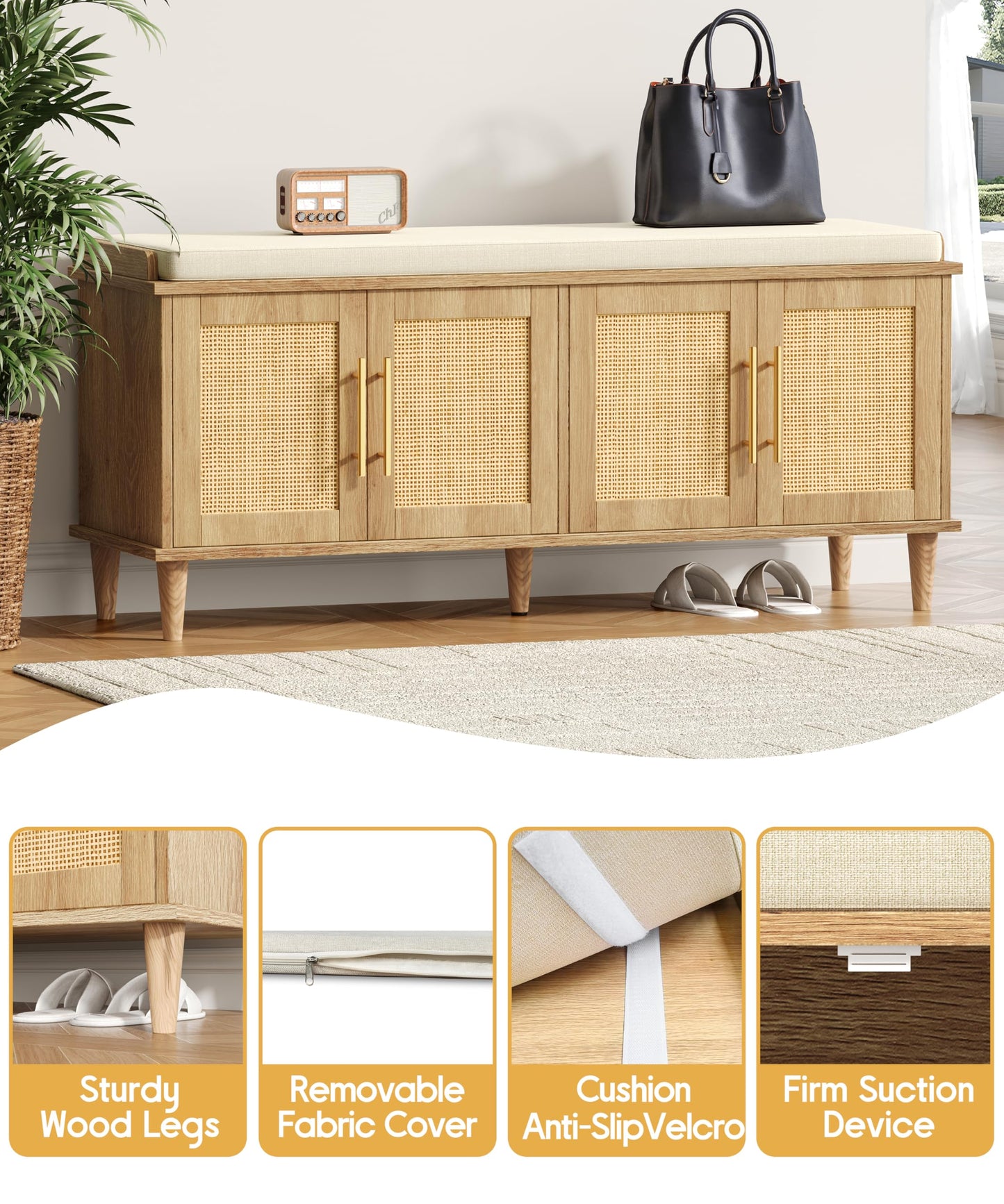 Akxomel 47.2" Rattan Shoe Storage Bench 4 Doors Wooden Entryway Bench Oak